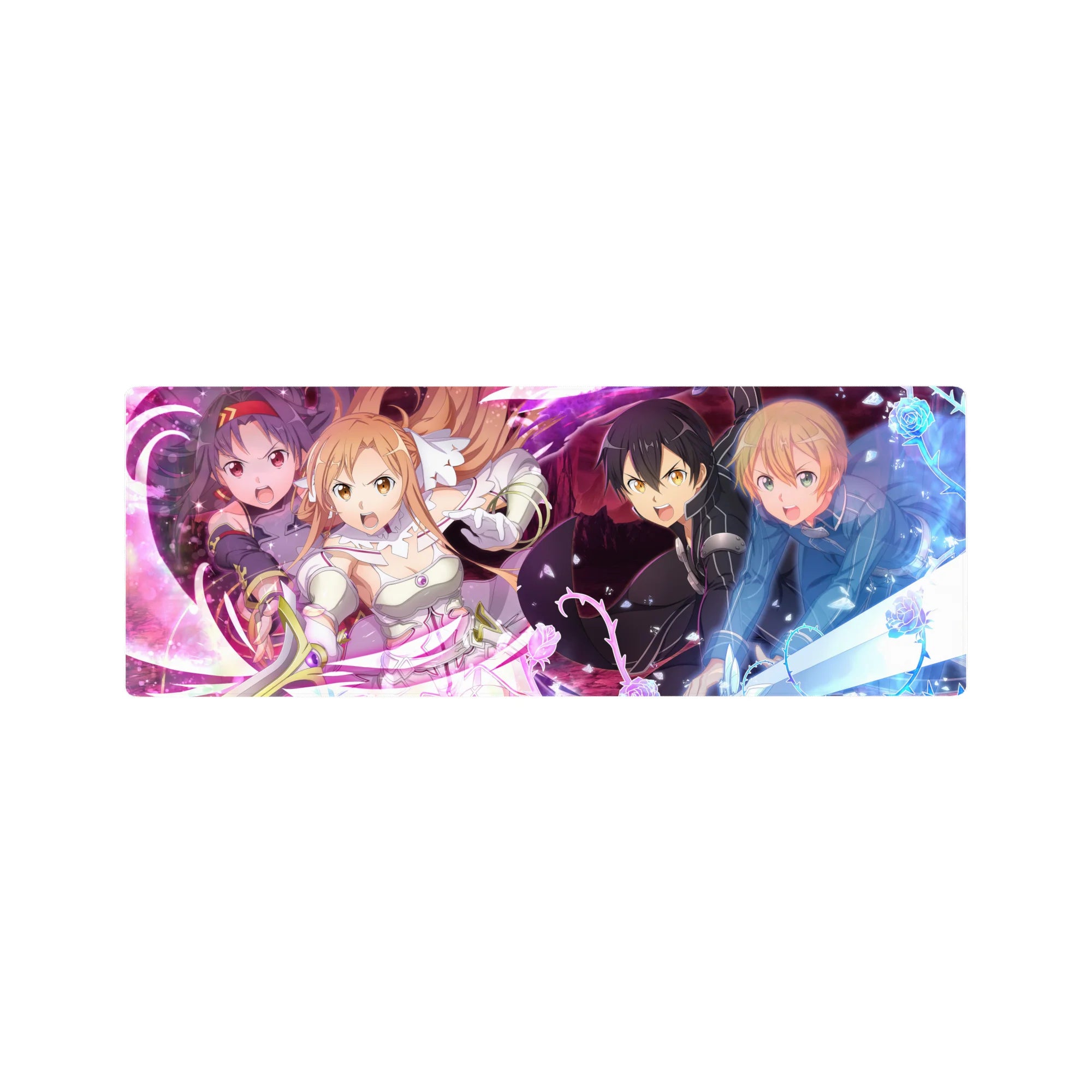 Anime mouse pad 32x12 inches featuring Kirito, Asuna, Alice, Eugeo, and Yuuki from Sword Art Online in battle.