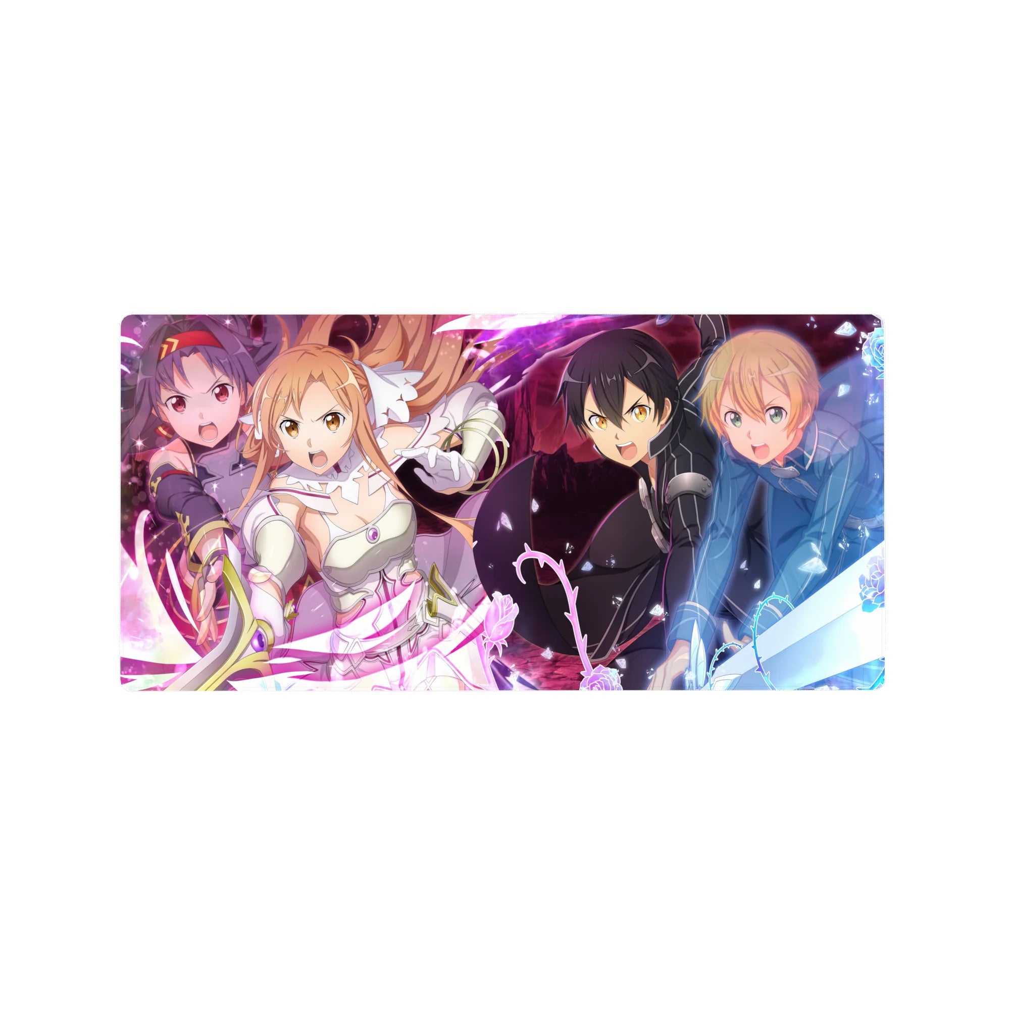 Anime mouse pad 32x16 inches featuring Sword Art Online's Kirito, Asuna, Alice, Eugeo, and Yuuki in vibrant battle.