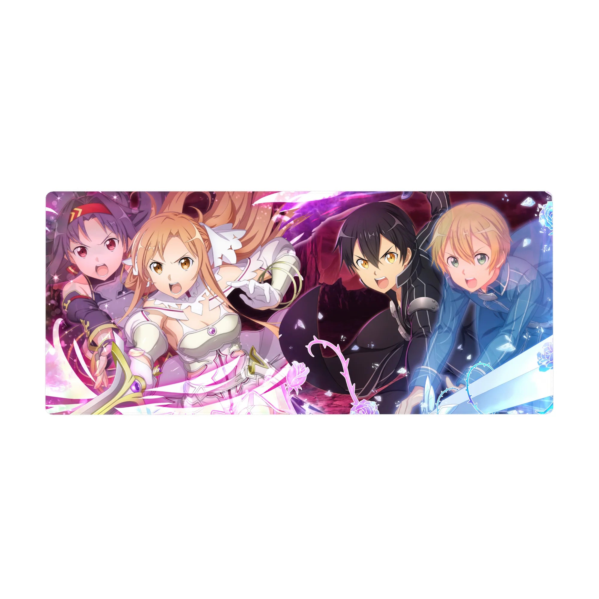 Anime mouse pad 36x16 inches featuring Kirito, Asuna, Alice, Eugeo, Yuuki from Sword Art Online in vibrant battle scene.