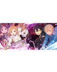 Anime mouse pad 36x16 inches featuring Kirito, Asuna, Alice, Eugeo, Yuuki from Sword Art Online in vibrant battle scene.