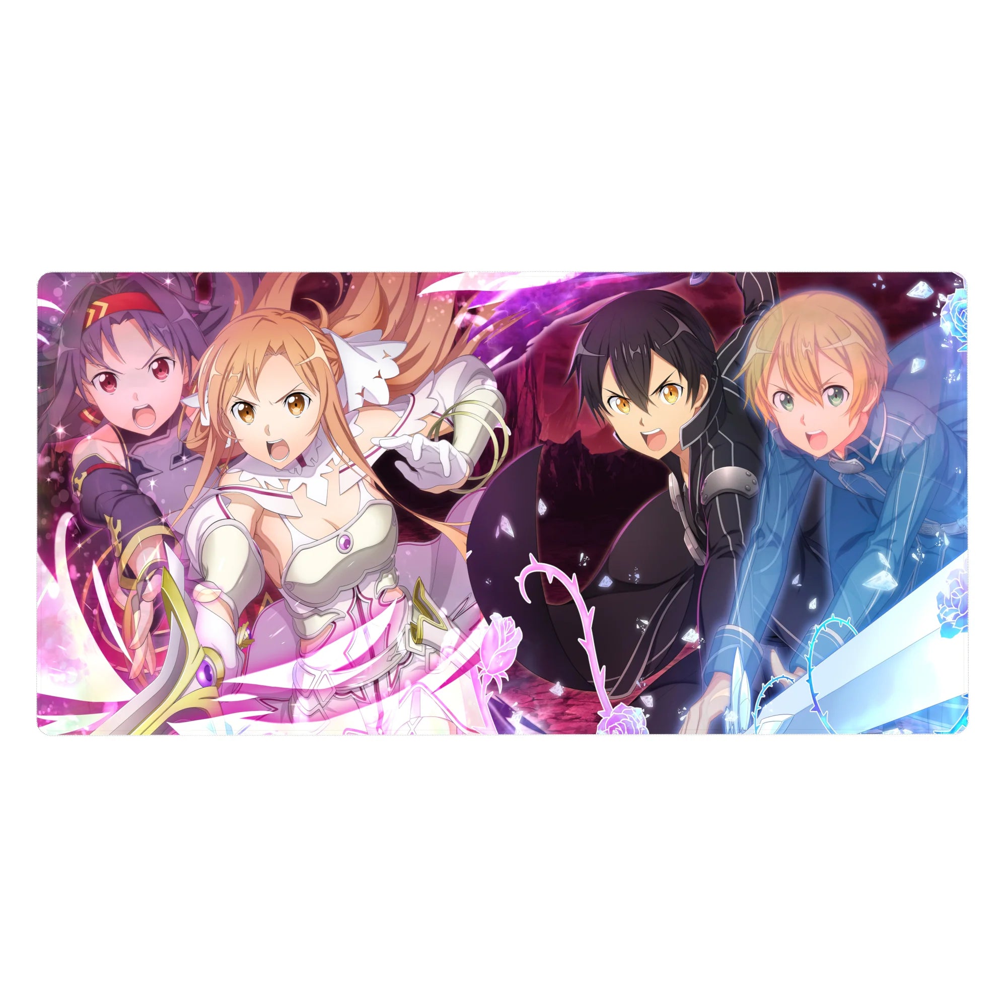 Anime mouse pad 40x20 inches featuring Sword Art Online's Kirito, Asuna, Alice, Eugeo, and Yuuki in battle.