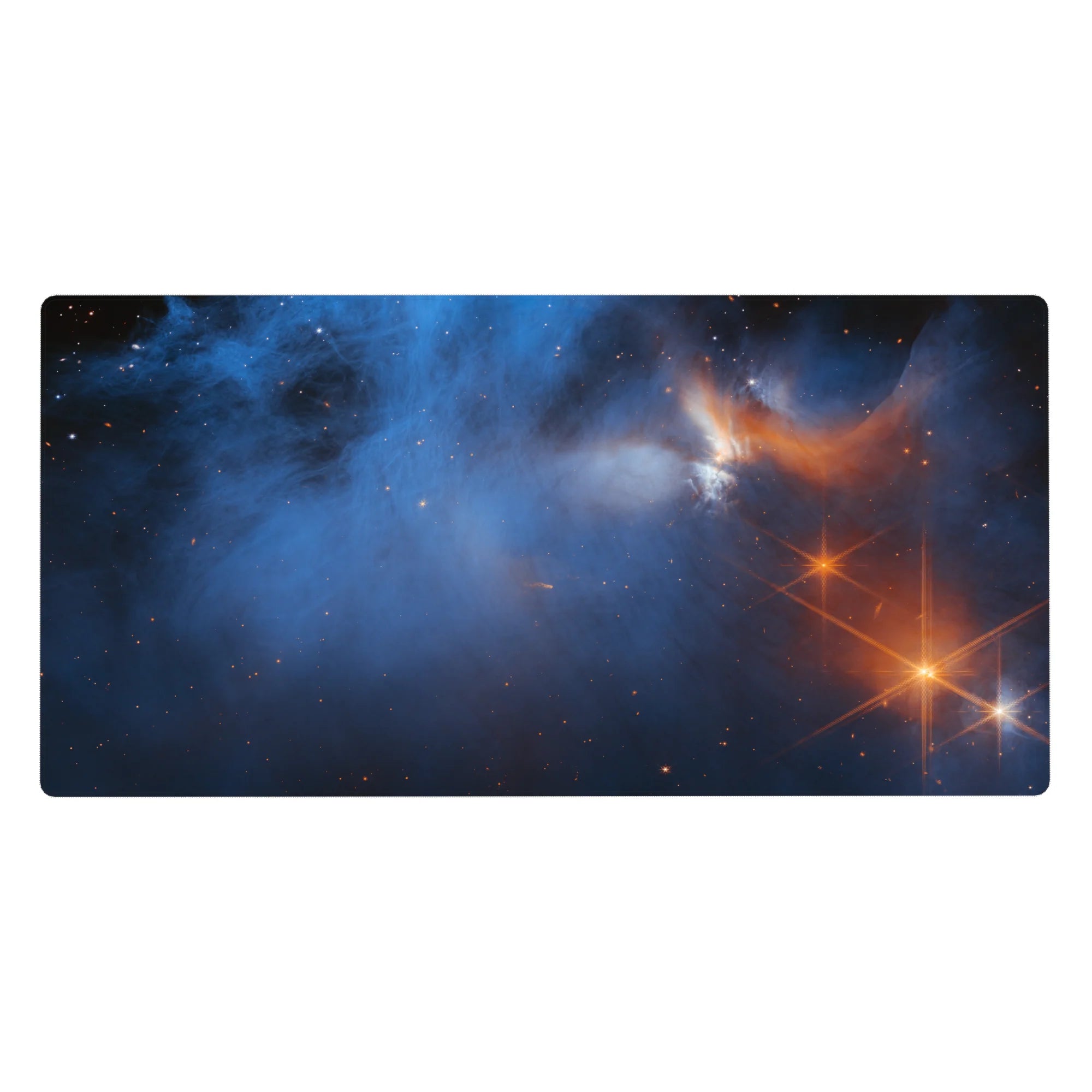 Galaxy-themed desk pad 40x20 inches with smoky blue nebula, orange flare, and star details for modern workspace.