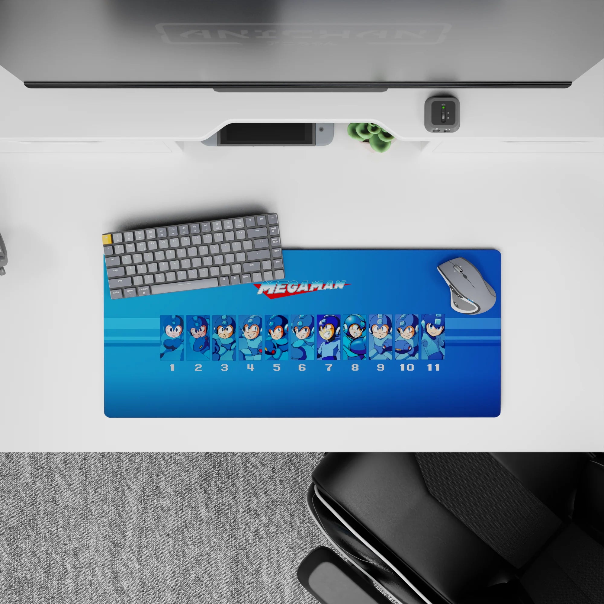 Blue gradient anime mouse pad with retro Mega Man mood, crisp panels and cool nostalgic energy, 28x12 inches.