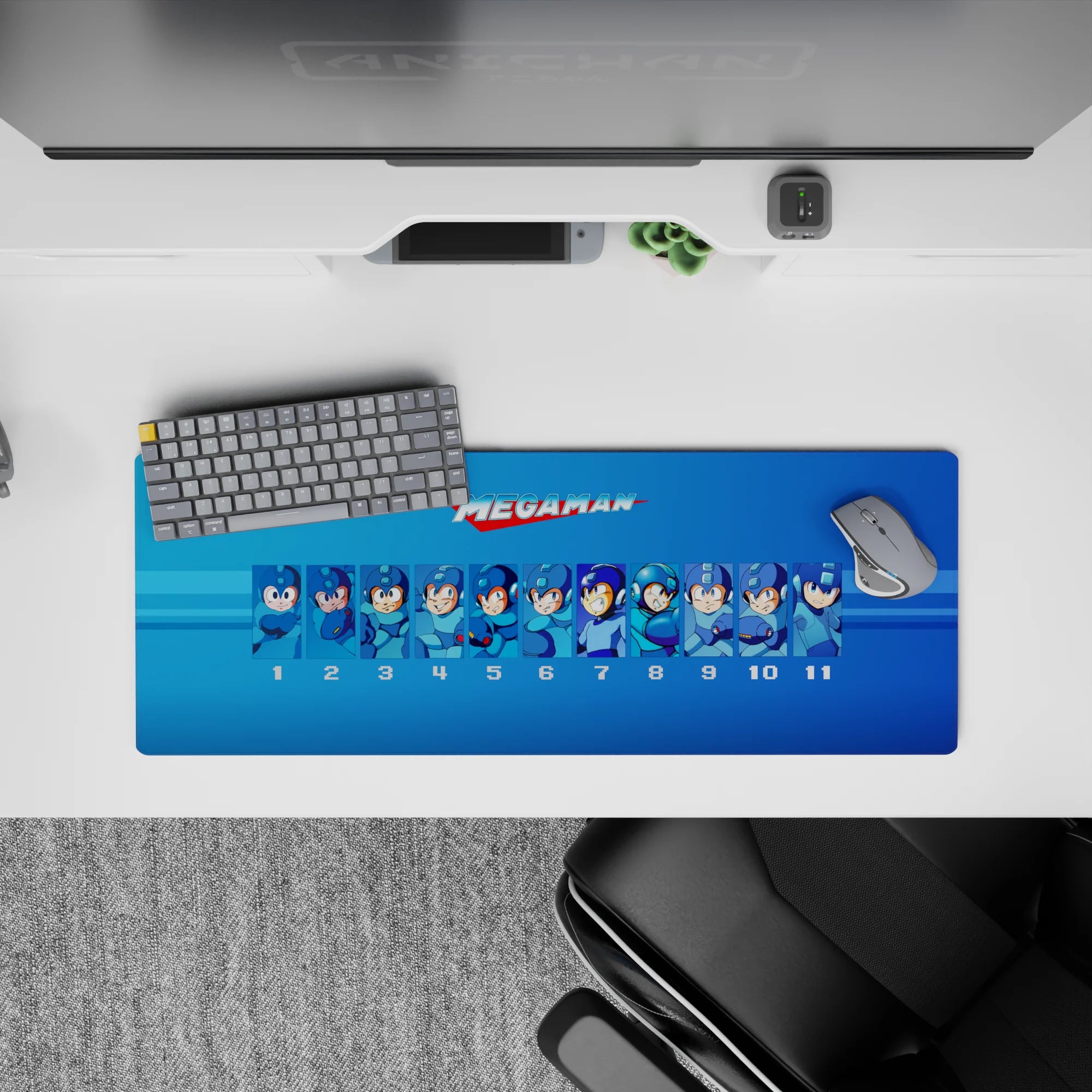 Retro blue anime mouse pad with cool gradient and nostalgic energy, 32x12 inches.
