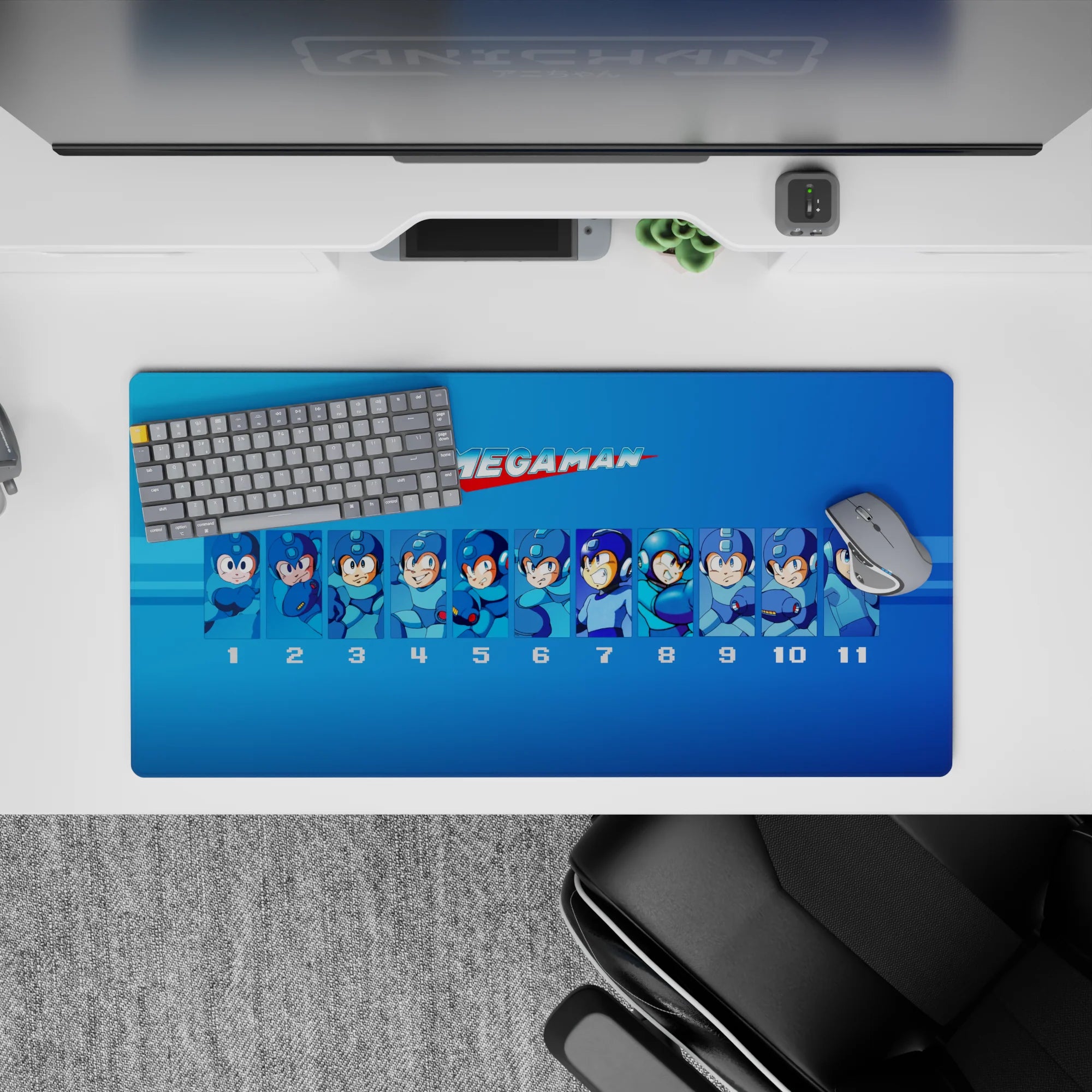 Blue gradient anime mouse pad 32x16 inches with nostalgic retro energy and cool battle-ready mood.