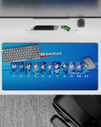 Blue gradient anime mouse pad 32x16 inches with nostalgic retro energy and cool battle-ready mood.
