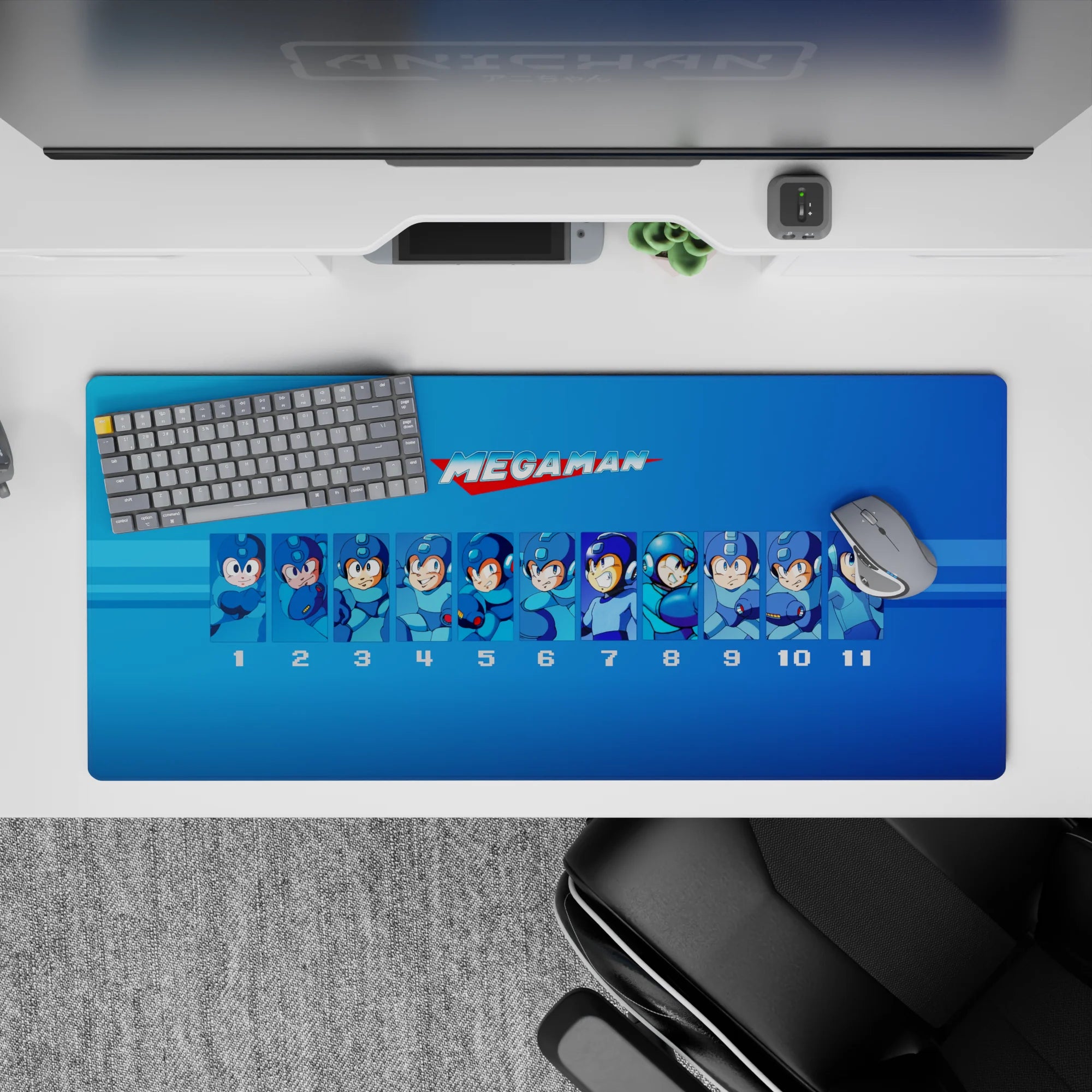 Blue gradient anime desk pad with nostalgic retro energy and collector style, 36x16 inches.