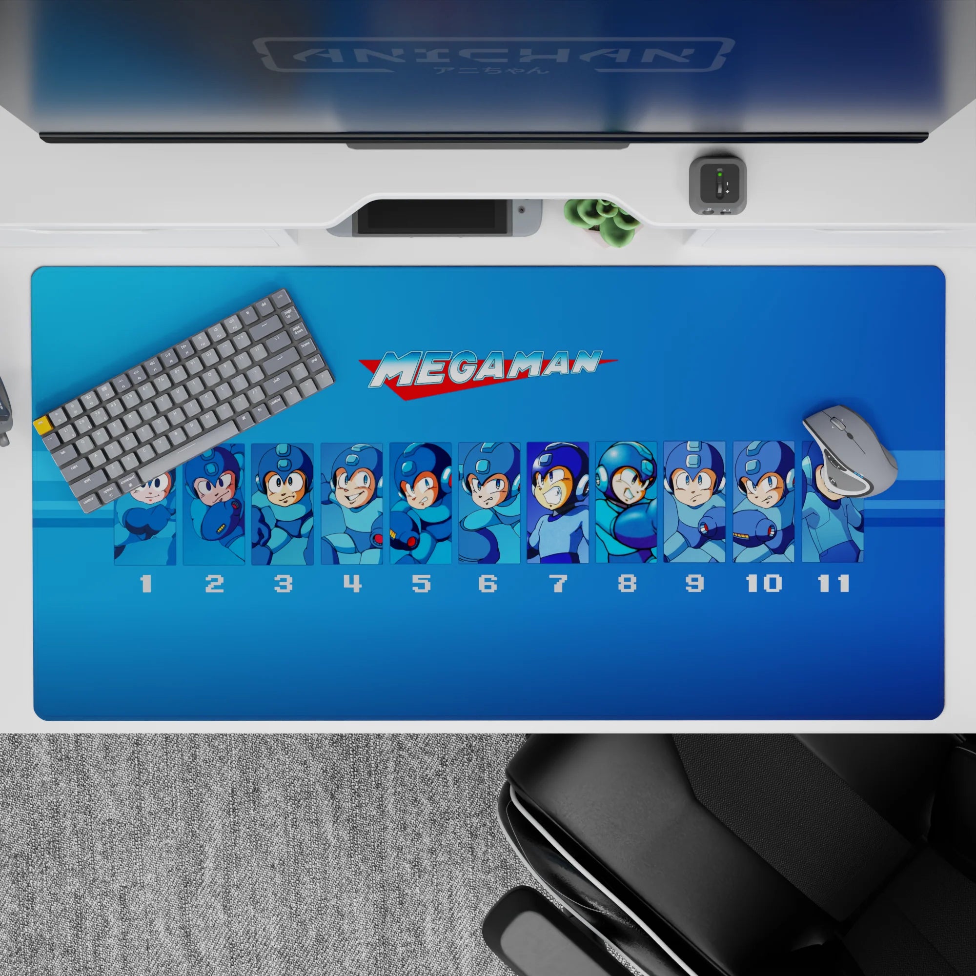 Cool blue anime desk pad with nostalgic retro energy, crisp framing and bold contrast, 40x20 inches.