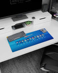 Mega Man across classic eras with shifting helmet details and bold desk-ready style, 28x12 inches.
