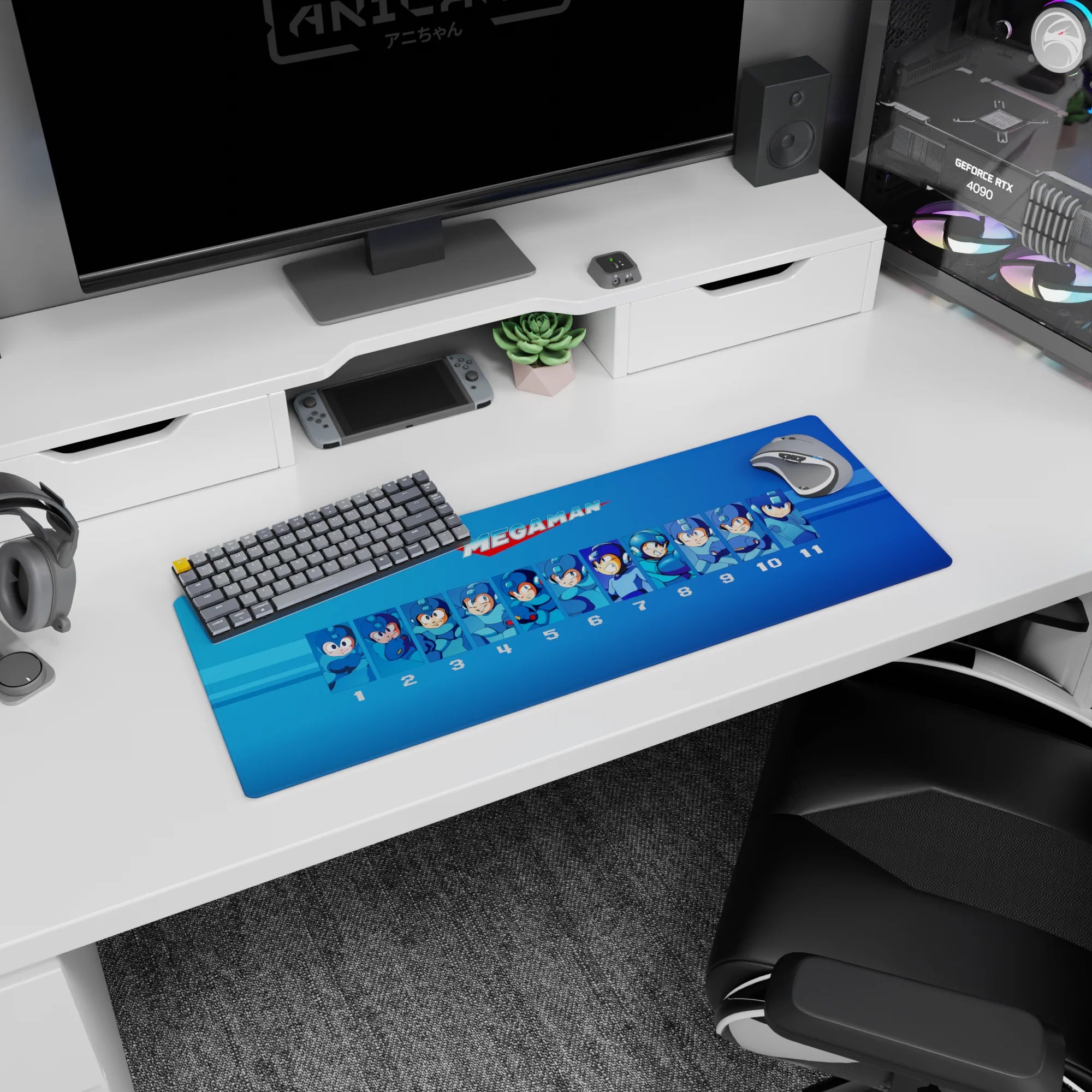 Mega Man desk mat featuring multiple helmeted poses in crisp panels, 32x12 inches.