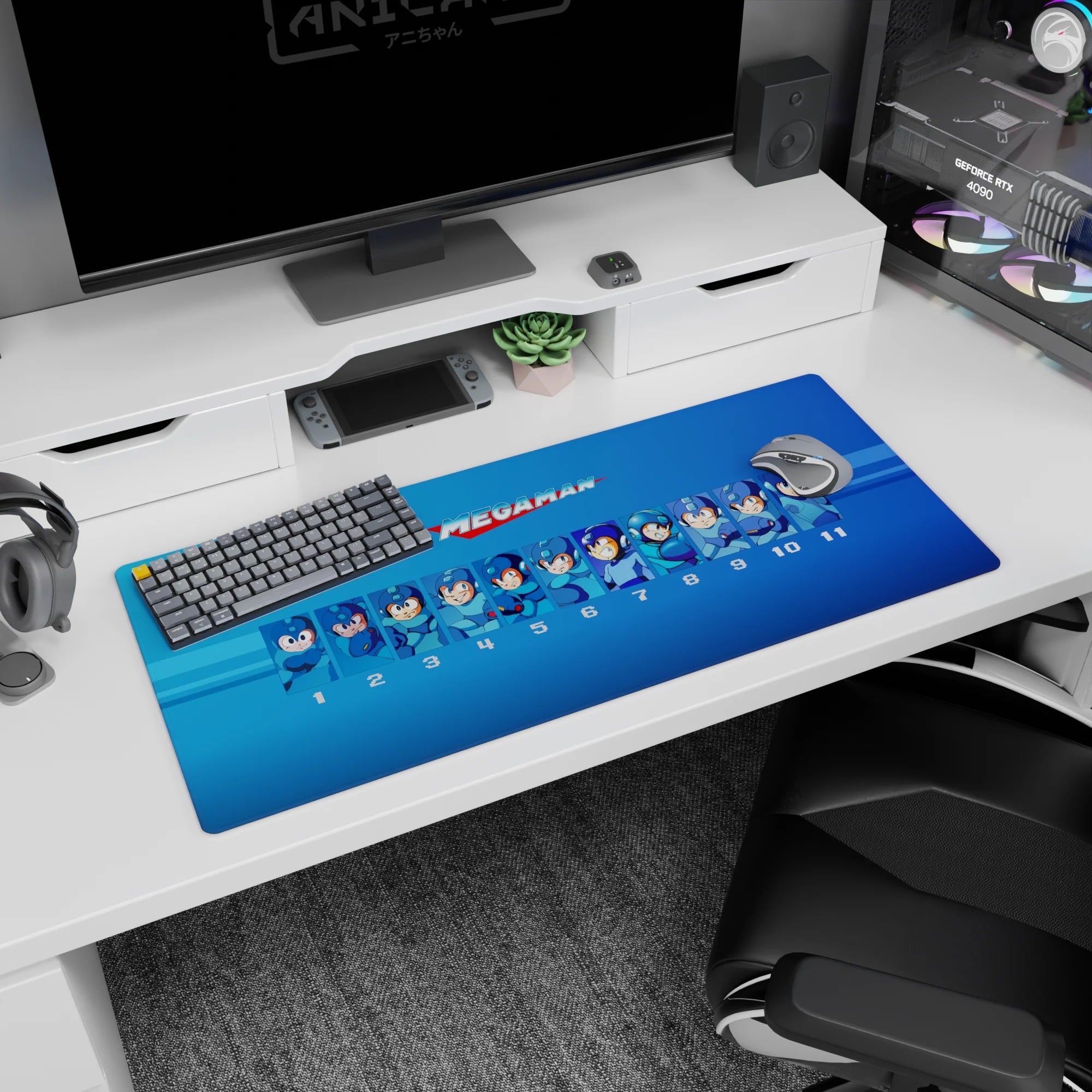 Mega Man desk pad showing evolving helmet looks and battle-ready poses, 36x16 inches.