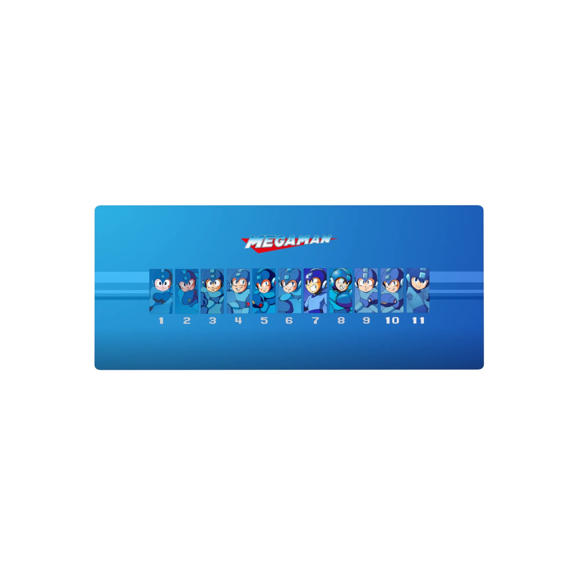 Mega Man classic eras lineup anime mouse pad, blue gradient panel design, 28x12 inches.