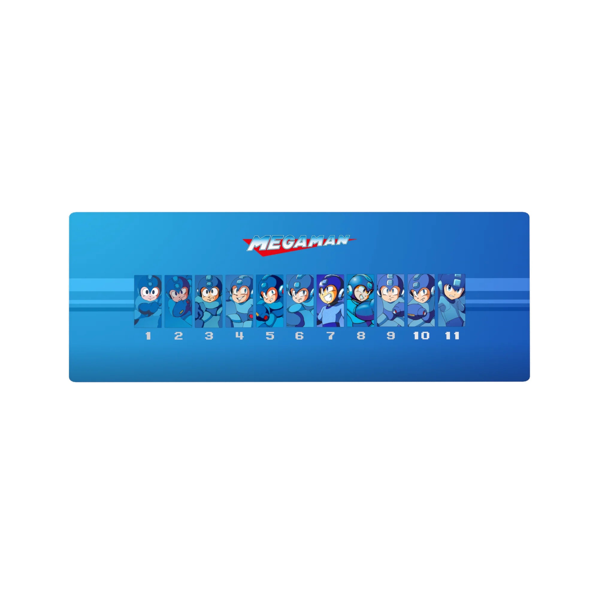 Mega Man classic eras lineup anime mouse pad, blue gradient panels, 32x12 inches.
