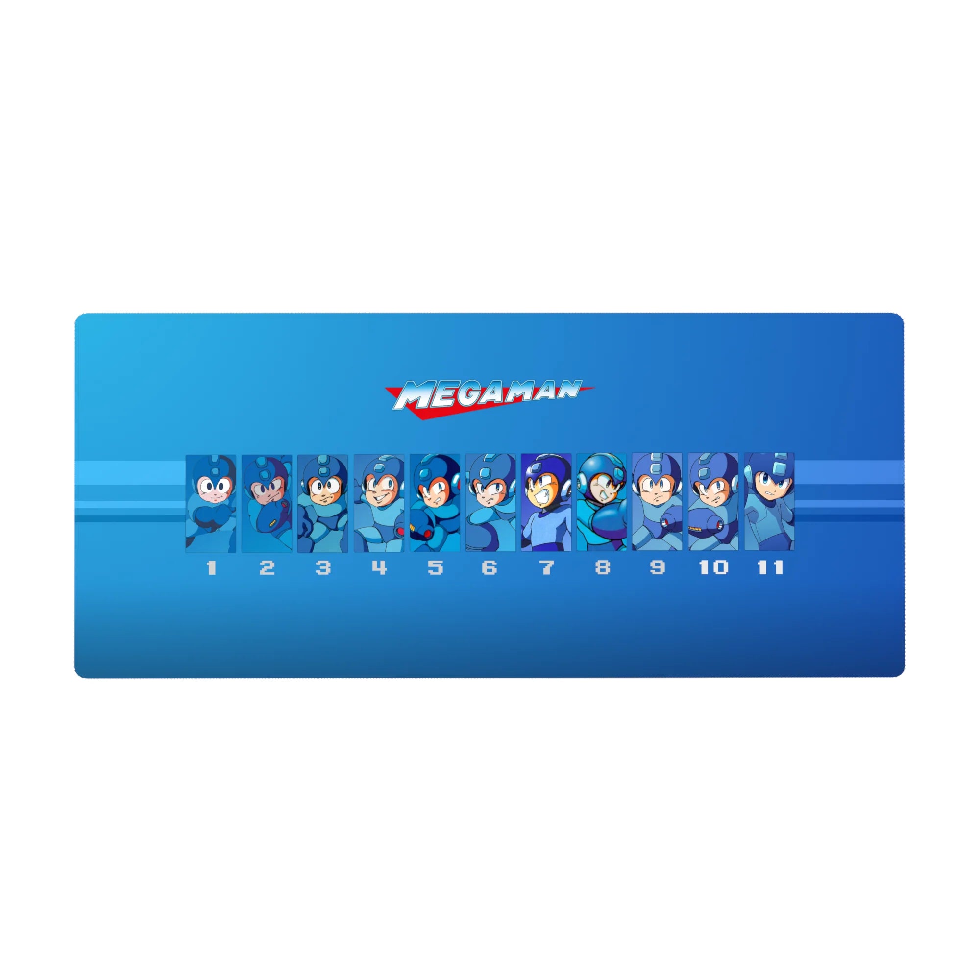 Mega Man classic eras lineup anime desk pad, blue gradient panel design, 36x16 inches.