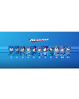 Mega Man classic eras lineup anime desk pad, blue gradient panel design, 36x16 inches.