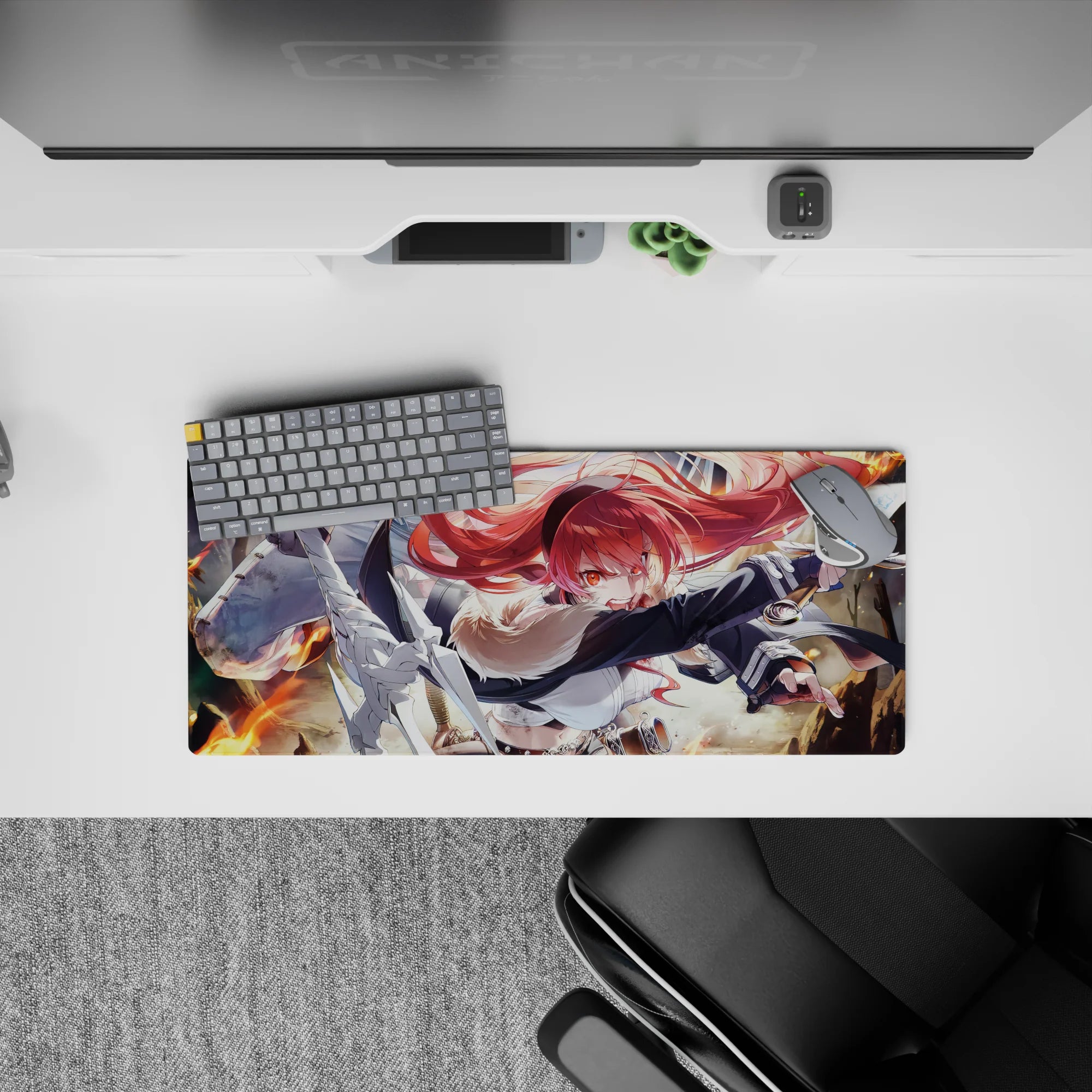 28x12 inches anime girl mouse pad in fiery reds and flame accents, bold high-contrast highlights.