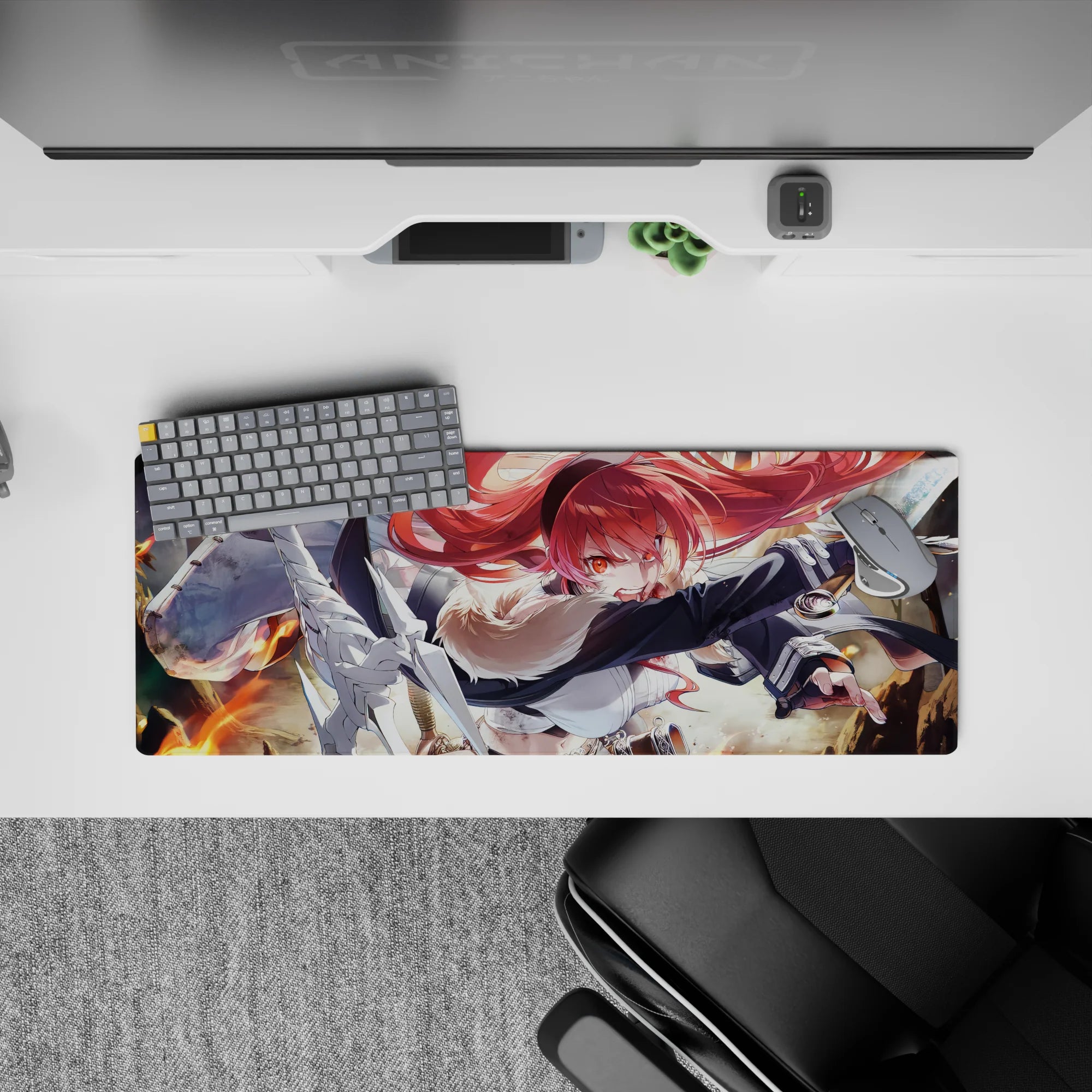 32x12 inches anime girl mouse pad in vivid reds and orange flames, sharp steel highlights, bold adventurous mood.