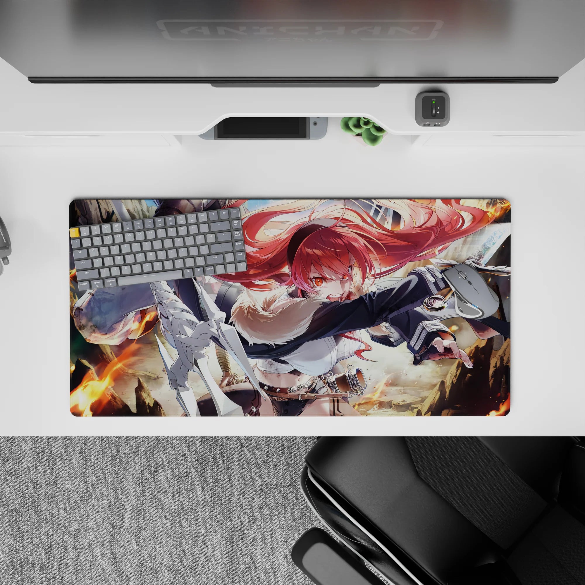 32x16 inches anime girl mouse pad in fiery reds and orange glow, bold action vibe with crisp highlights.