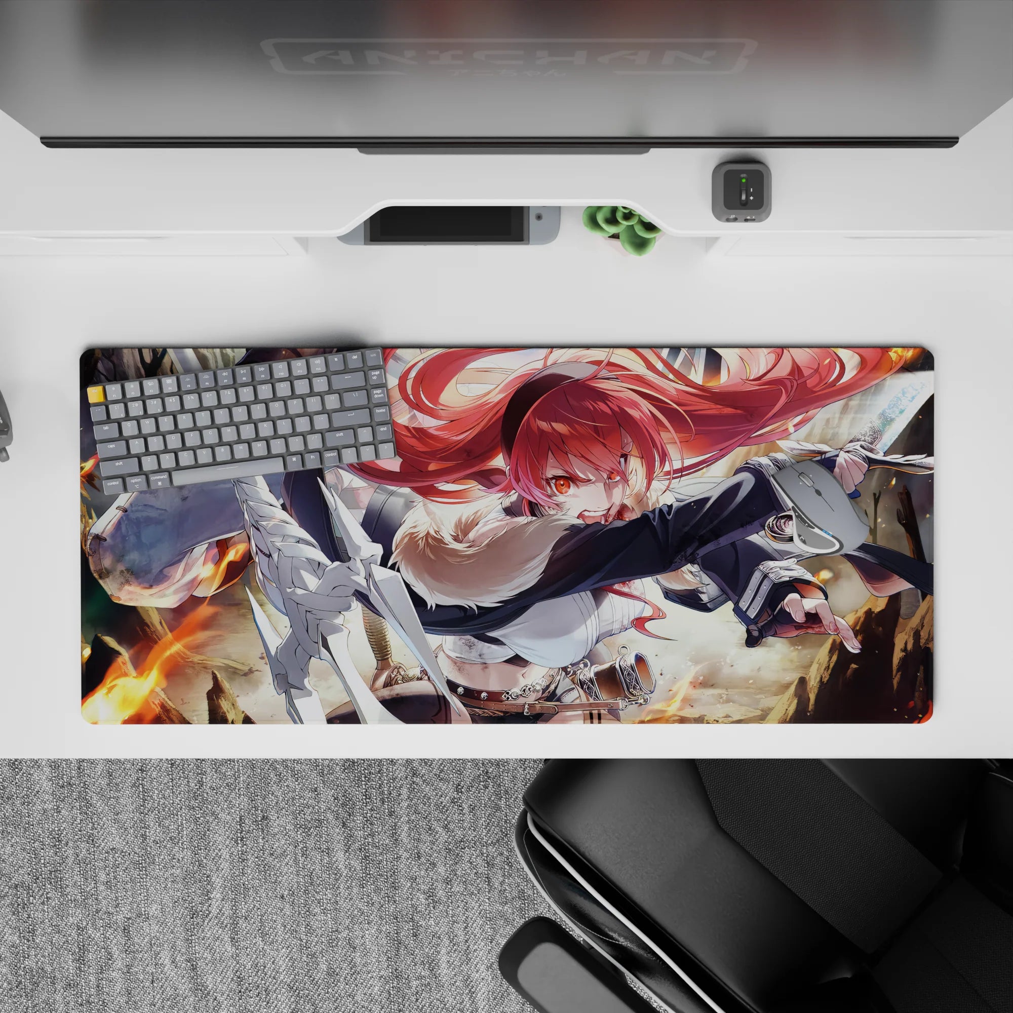 36x16 inches anime desk pad in fiery reds and orange glow, bold glare, steel highlights, cute adventurer vibe.