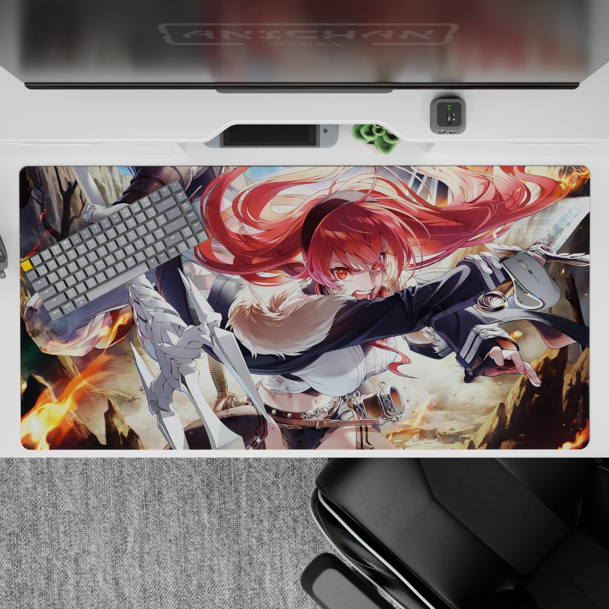 Fiery red and orange flame-themed anime desk pad 40x20 inches, bold, energetic mood for gaming setup.