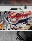 Fiery red and orange flame-themed anime desk pad 40x20 inches, bold, energetic mood for gaming setup.