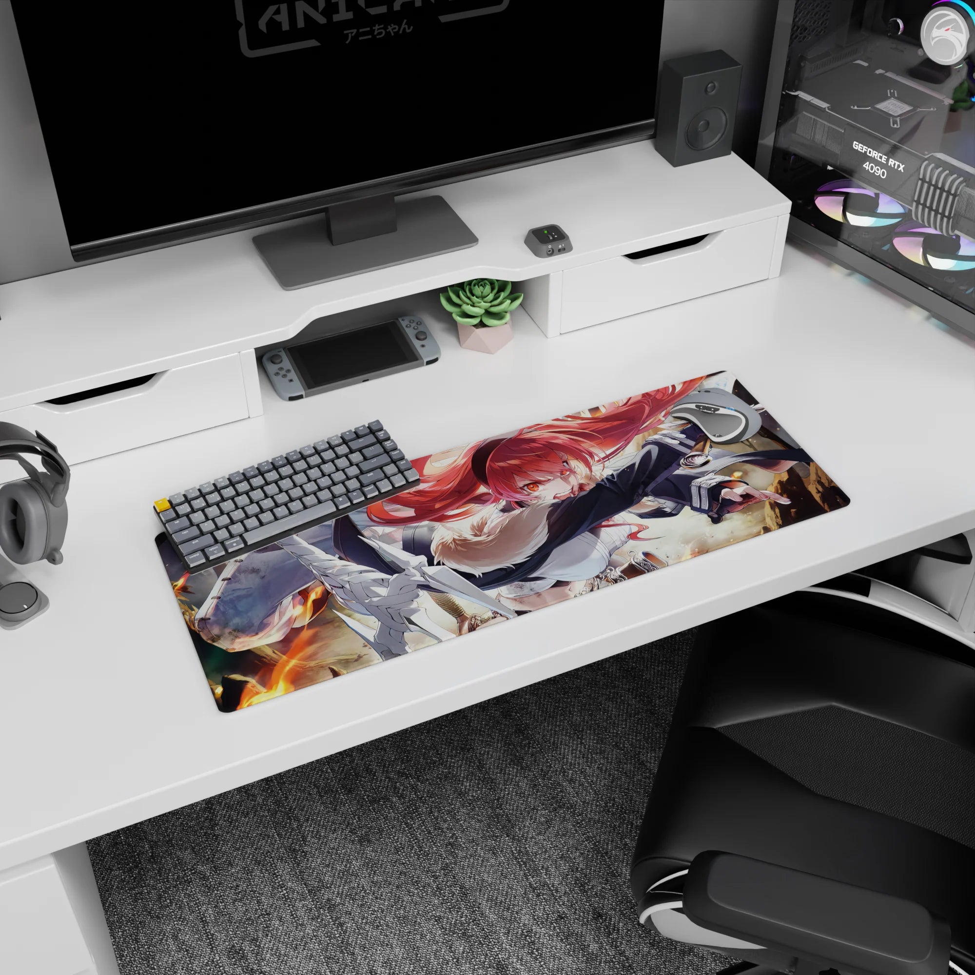 32x12 inches anime girl mouse pad showing red-haired warrior glaring fiercely as flames lick the edges.