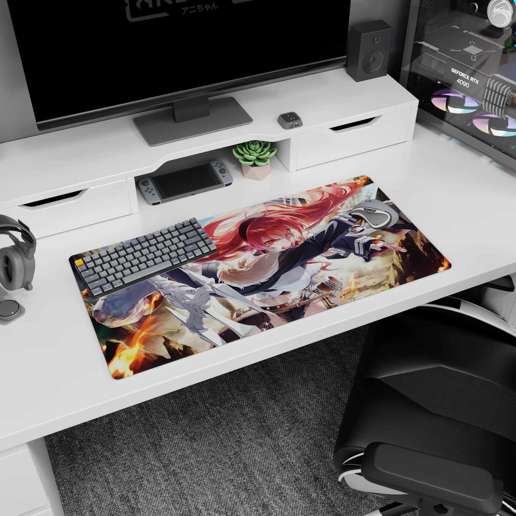 32x16 inches anime girl mouse pad showing a fearless red-haired adventurer amid flames, steel straps flashing.