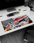 32x16 inches anime girl mouse pad showing a fearless red-haired adventurer amid flames, steel straps flashing.