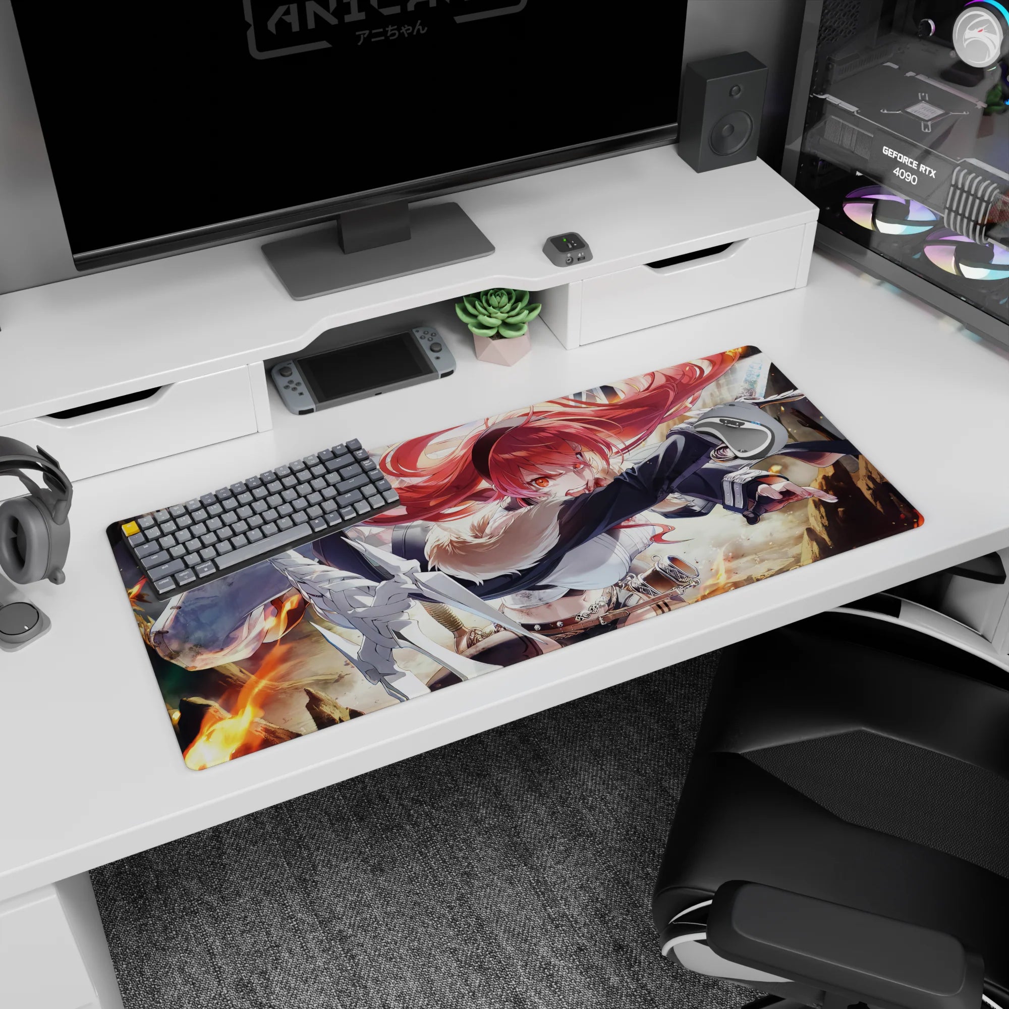 36x16 inches anime girl desk pad showing a red-haired warrior in whipping cloak amid flames, ready to fight.