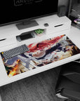 36x16 inches anime girl desk pad showing a red-haired warrior in whipping cloak amid flames, ready to fight.