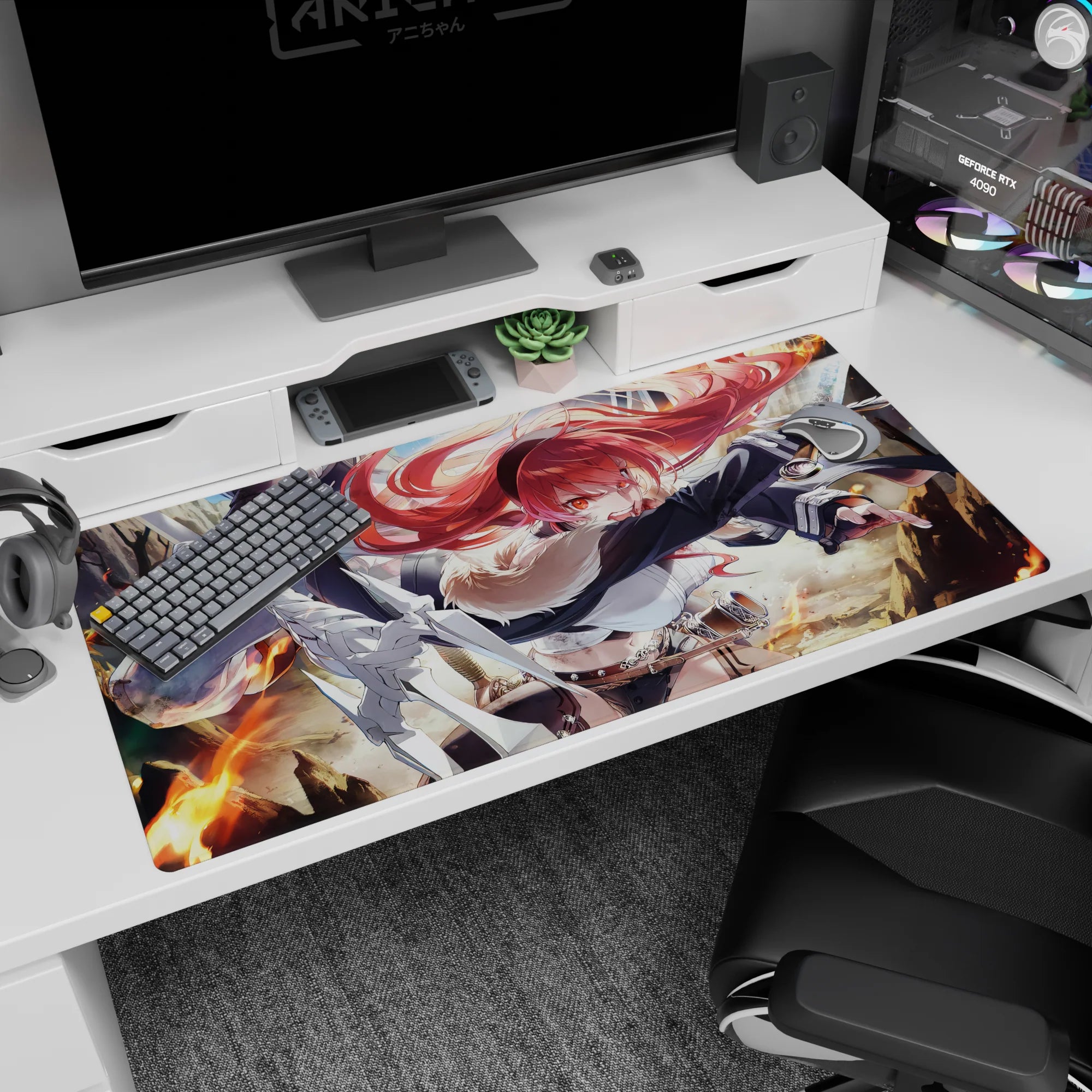 Red-haired anime warrior girl glares forward as flames flare behind her on a 40x20 inches desk pad.