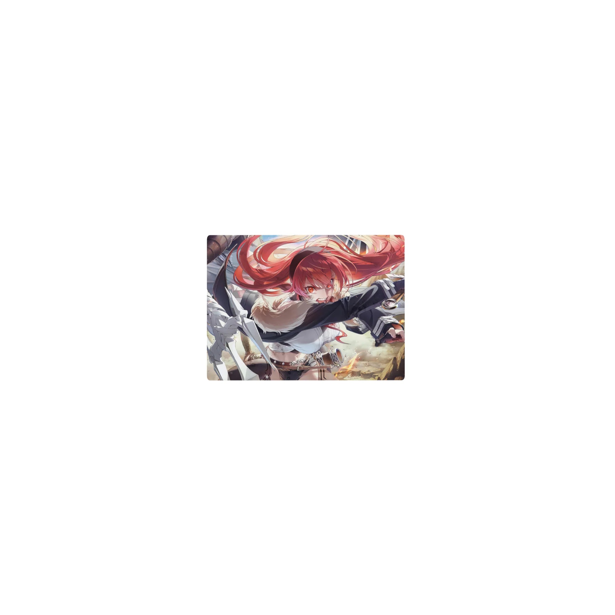 Classic anime girl mouse pad 14x10 inches with red-haired fighter, fur collar, belts, and cloak.