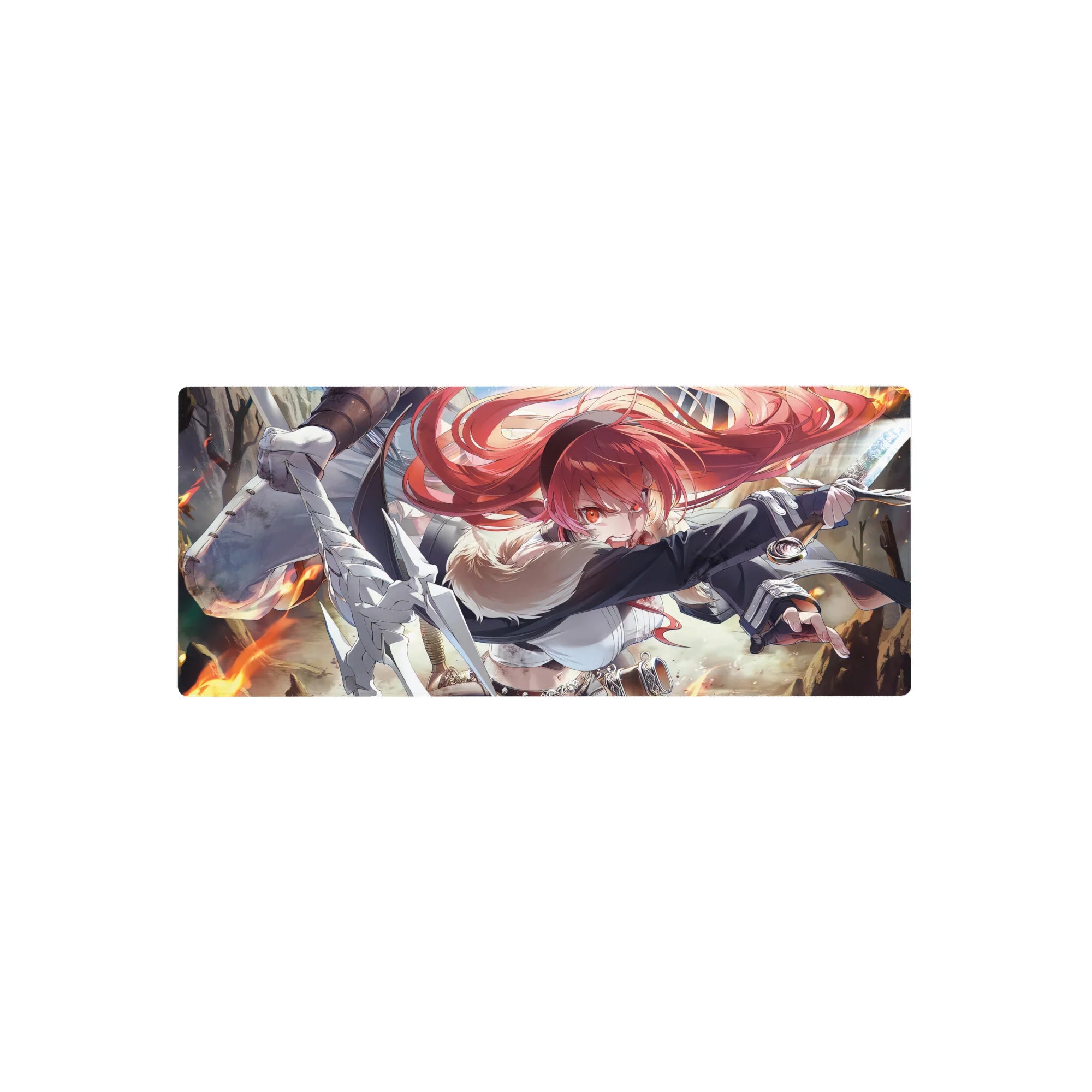 28x12 inches anime girl mouse pad with red-haired fighter, cloak, belts, and rugged adventurer style.