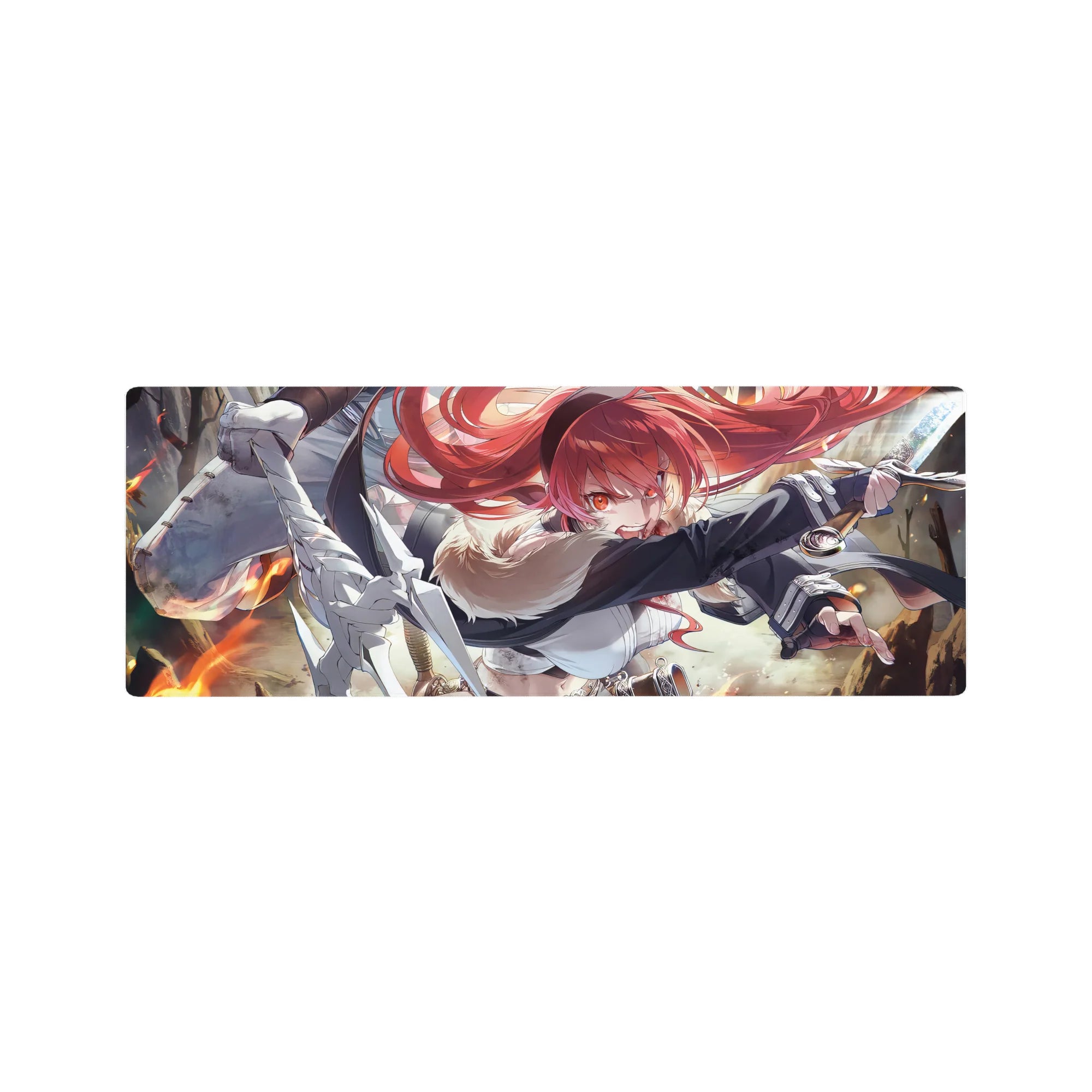 32x12 inches anime girl mouse pad with fiery red-haired fighter, cloak, belts, and fur collar action pose.