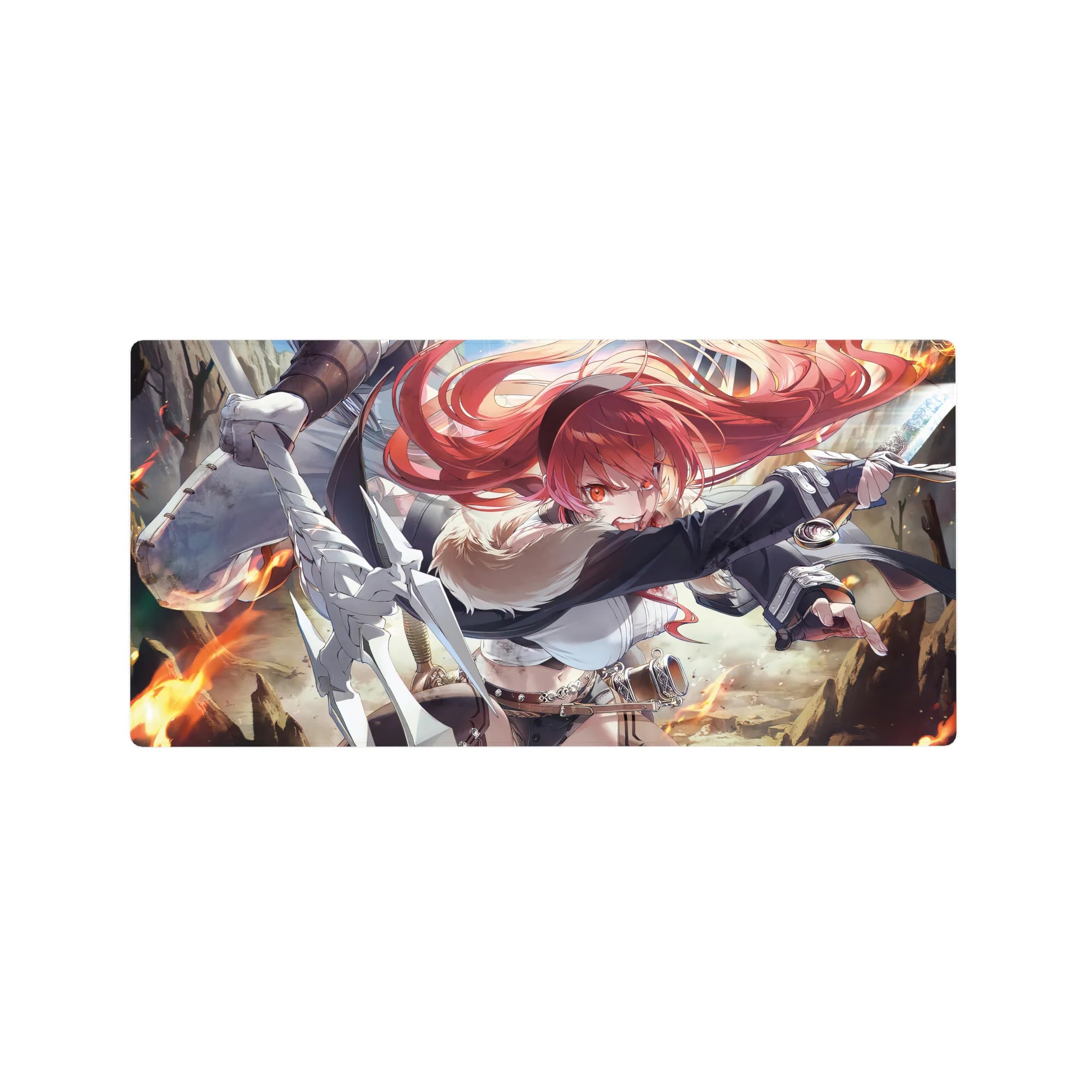 32x16 inches anime girl mouse pad with red-haired fighter, fur collar, belts, and flowing cloak in flames.