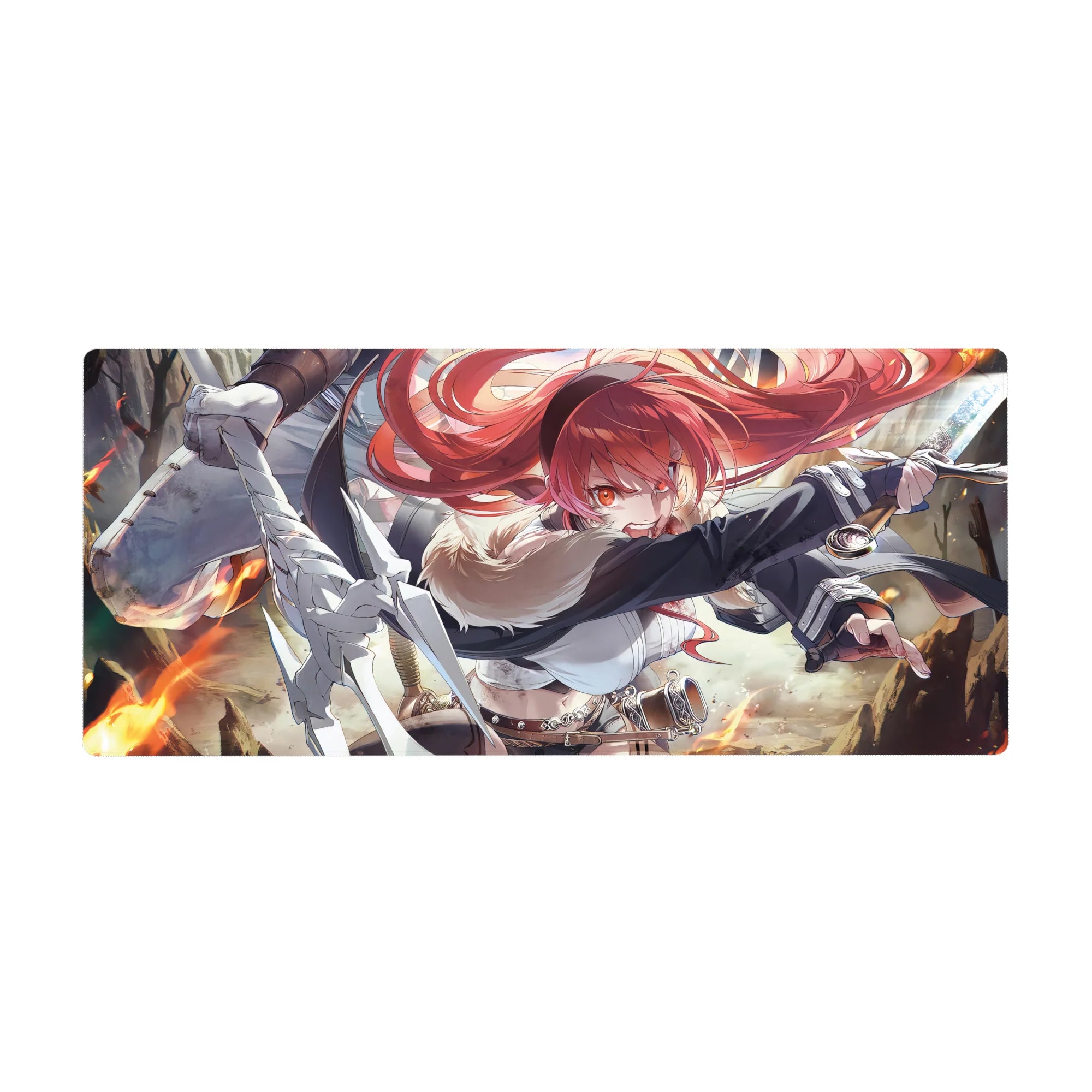36x16 inches anime girl desk pad with red-haired fighter, fur collar, belts, and swirling flames.