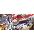 36x16 inches anime girl desk pad with red-haired fighter, fur collar, belts, and swirling flames.