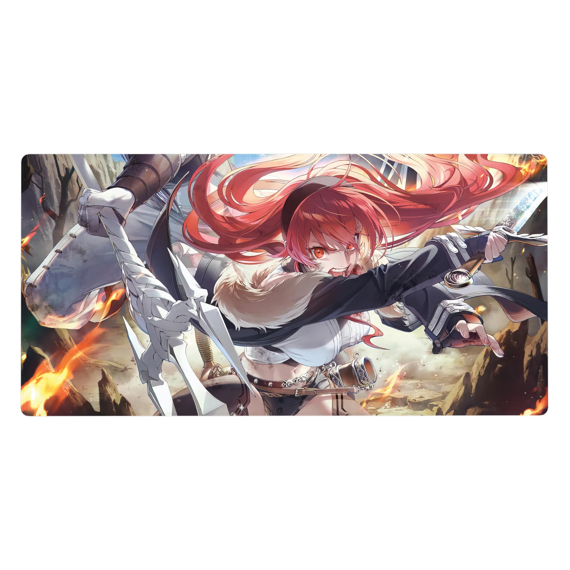 Anime girl desk pad 40x20 inches with red-haired fighter, cloak, belts, and fur collar, action pose.