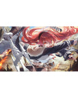 Anime girl desk pad 40x20 inches with red-haired fighter, cloak, belts, and fur collar, action pose.