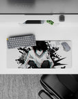 28x12 inches anime mouse pad in black and white with red-cyan glitch accents, intense chaotic vibe.