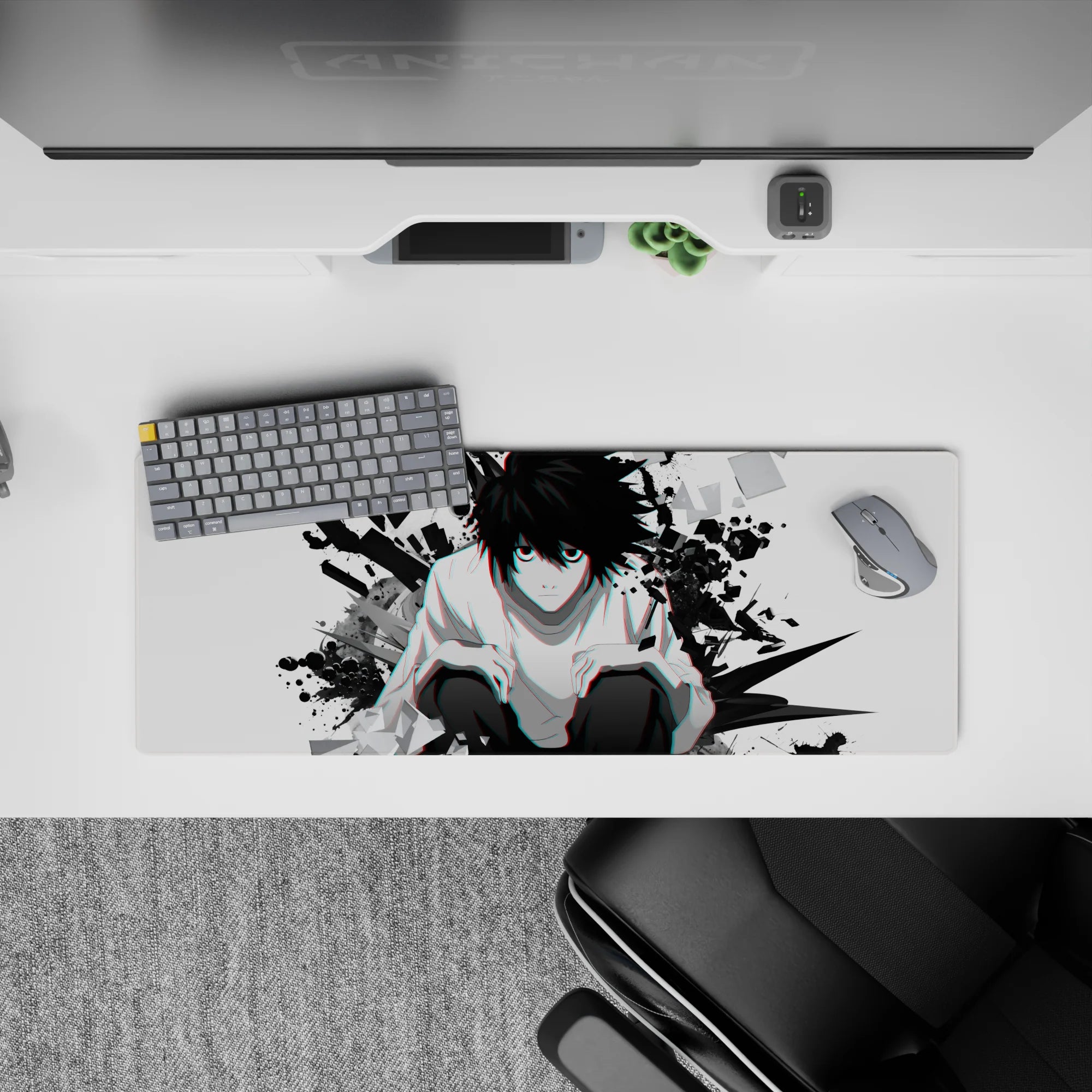 32x12 inches anime mouse pad in red-cyan glitch tones, sharp shards and chaotic, intense desk vibe.
