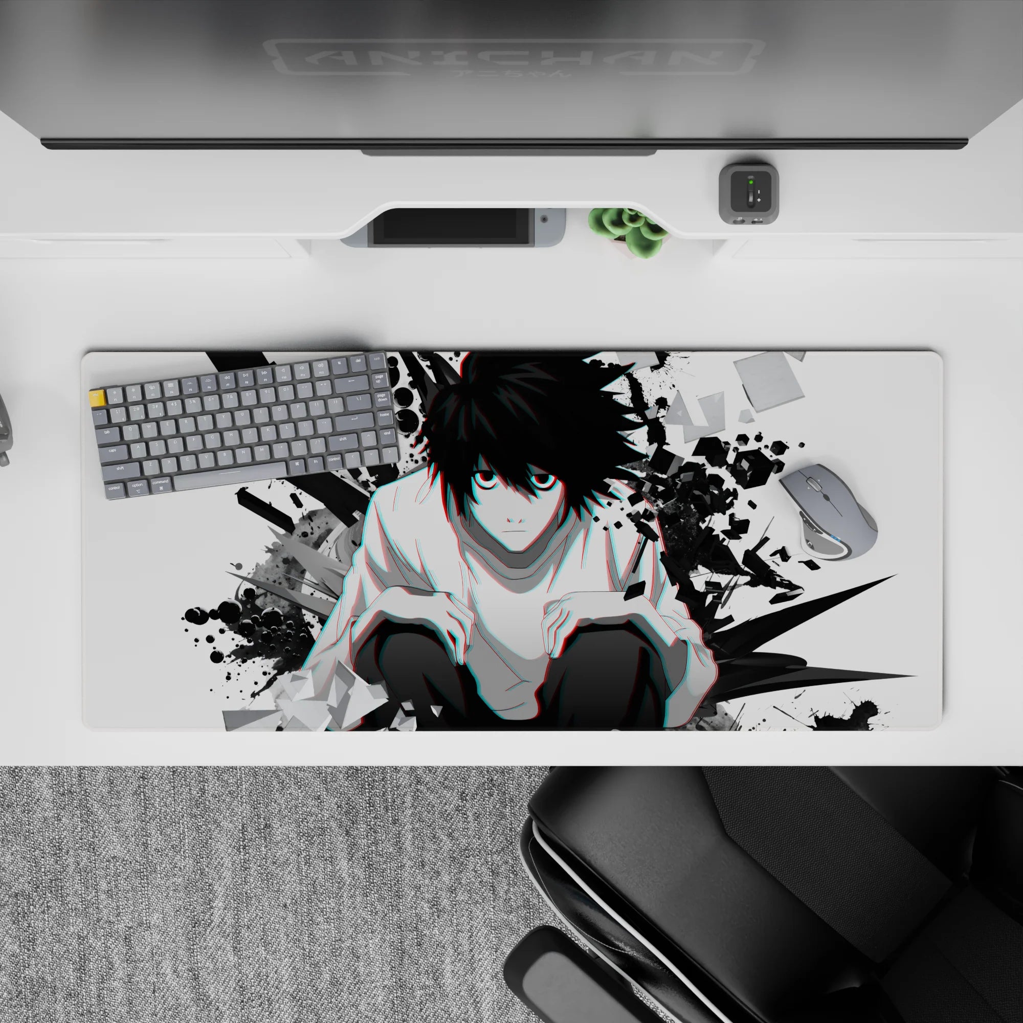 36x16 inches anime desk pad in white and inky black with red-cyan glitch accents, intense chaotic vibe.