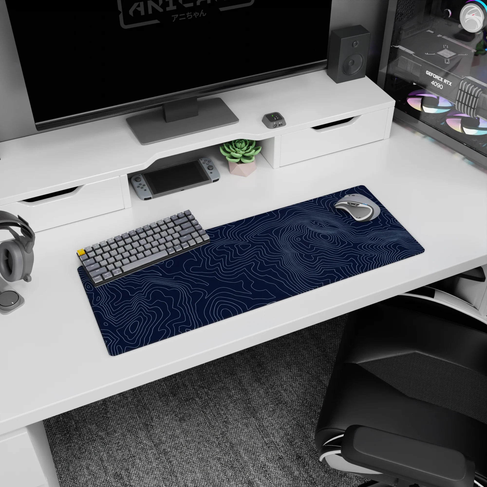 Topographic (Topo) Deskmat | Mousepad | Deskpad - Navy Contour Terrain - AniChan