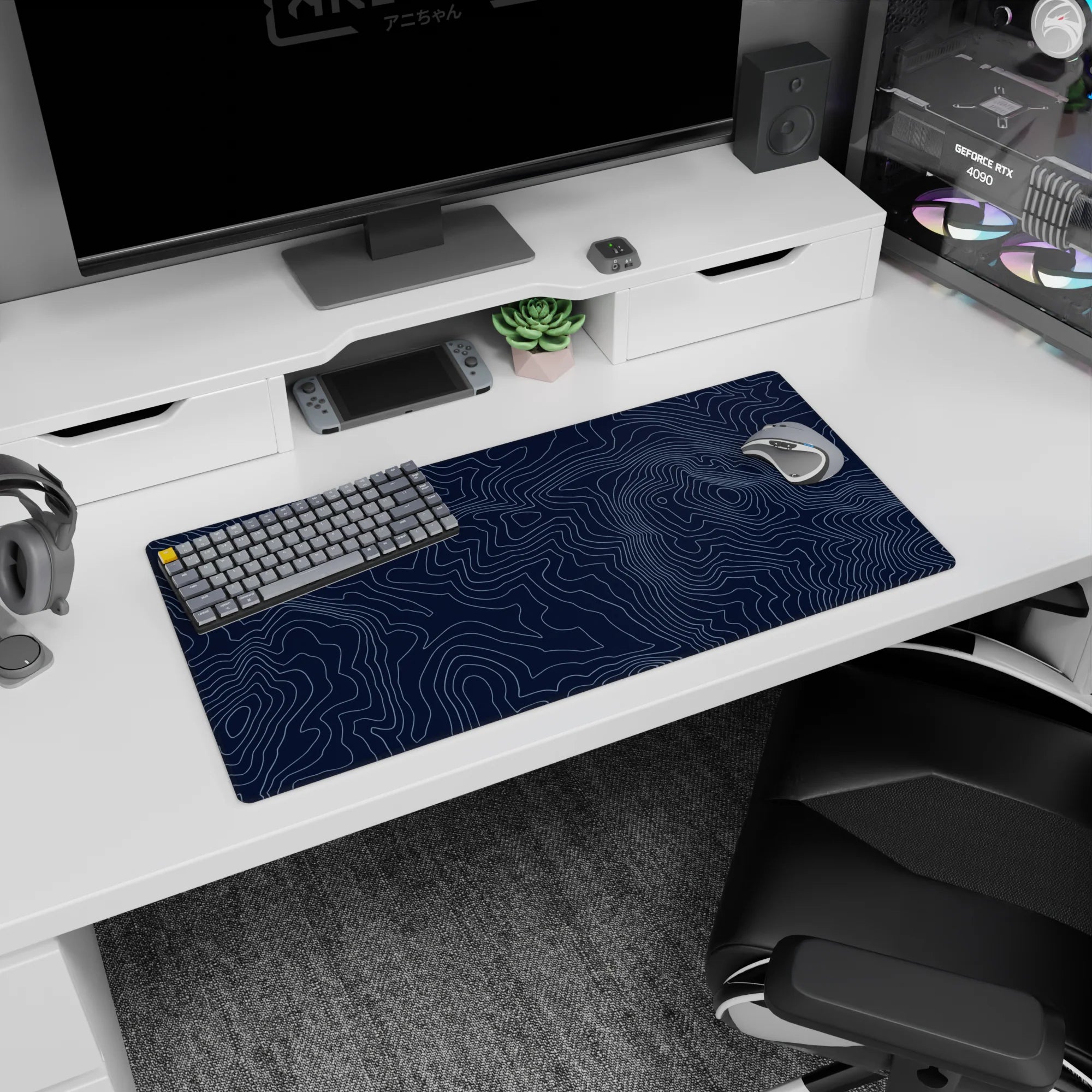 Topographic (Topo) Deskmat | Mousepad | Deskpad - Navy Contour Terrain - AniChan