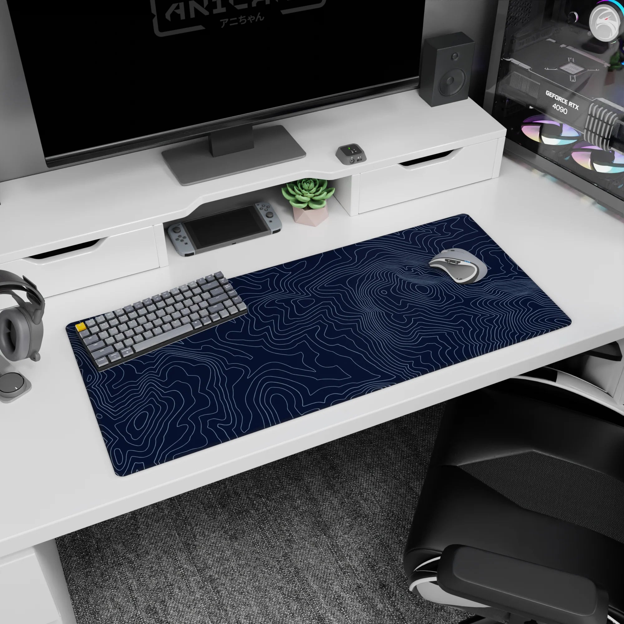 Topographic (Topo) Deskmat | Mousepad | Deskpad - Navy Contour Terrain - AniChan