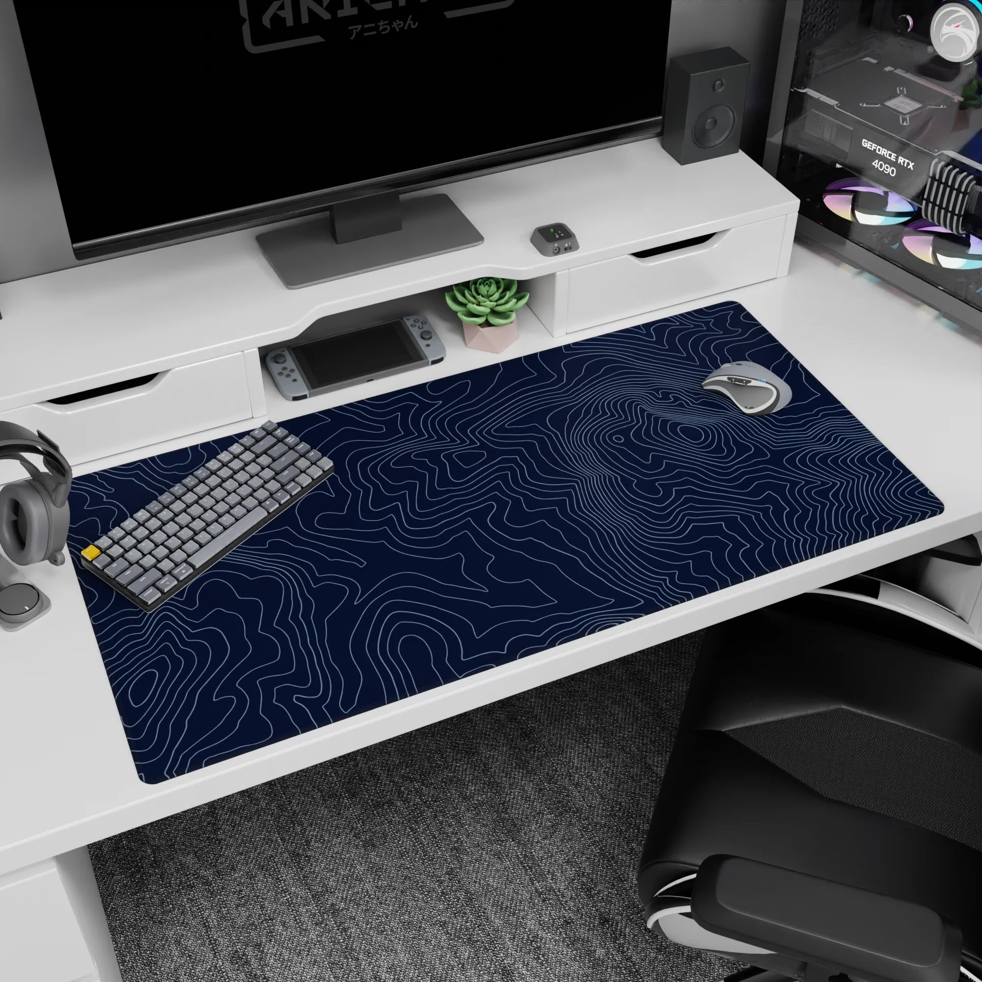 Topographic (Topo) Deskmat | Mousepad | Deskpad - Navy Contour Terrain - AniChan