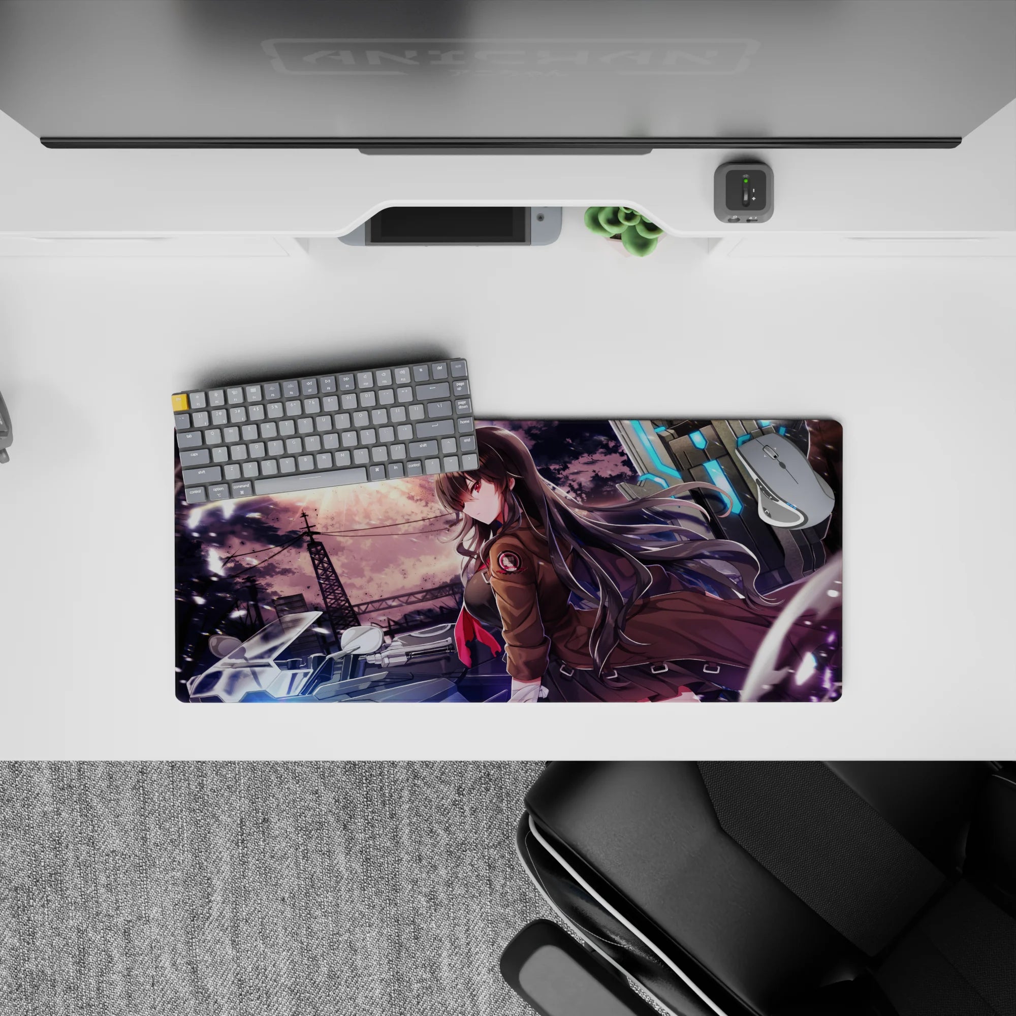 Anime girl mouse pad 28x12 inches in violet-orange storm hues with neon-blue glow and gritty-cute vibe.