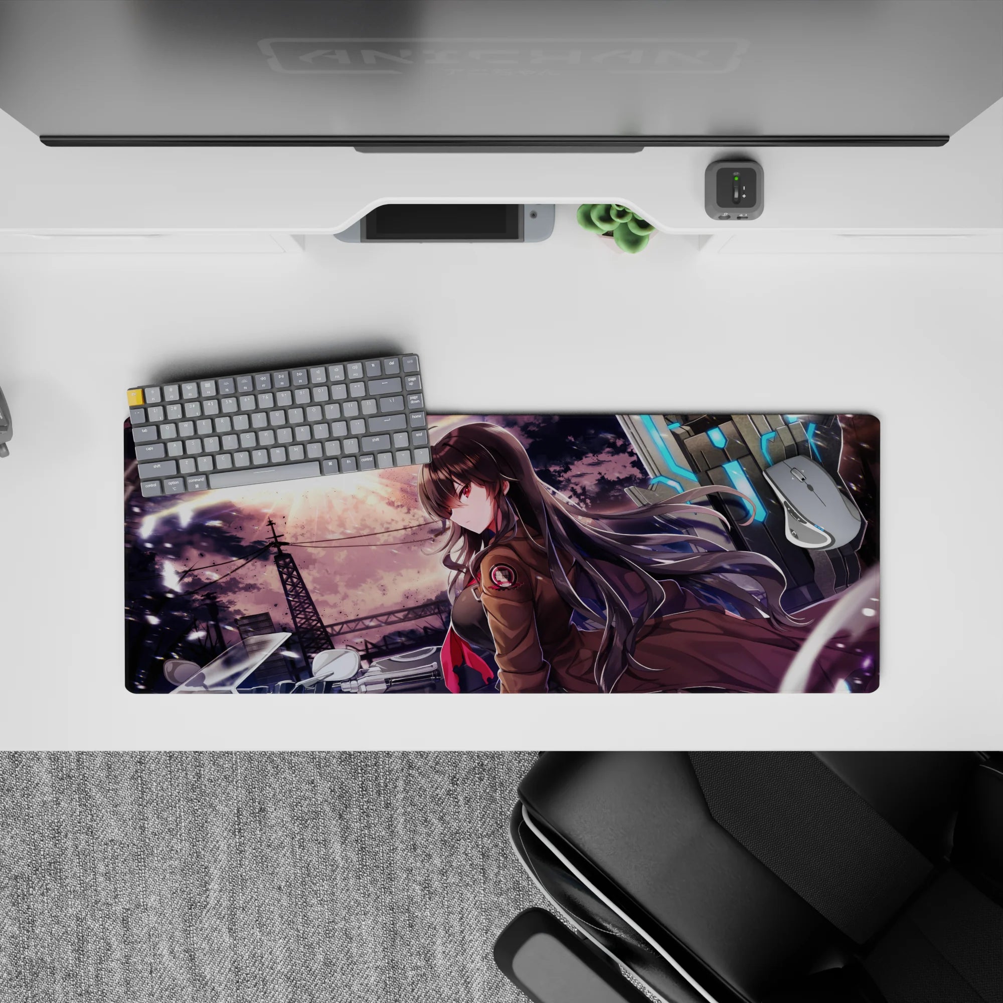 32x12 inches anime girl mouse pad in violet-orange dusk with neon blue glow and gritty-cute cyber mood.