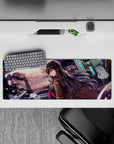 32x12 inches anime girl mouse pad in violet-orange dusk with neon blue glow and gritty-cute cyber mood.
