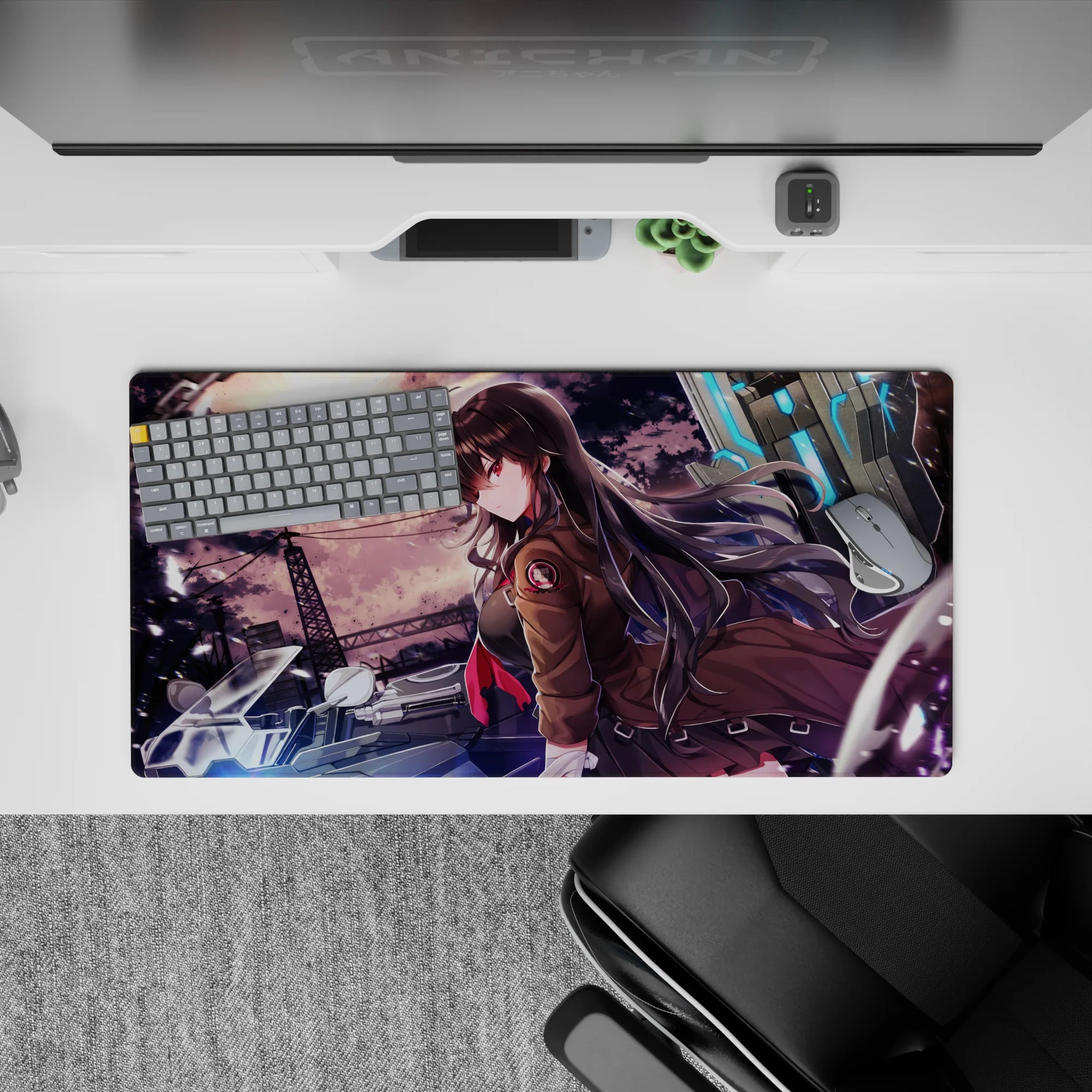 Violet-orange sunset and neon-blue glow anime desk mat mouse pad, gritty-cute vibe, 32x16 inches.
